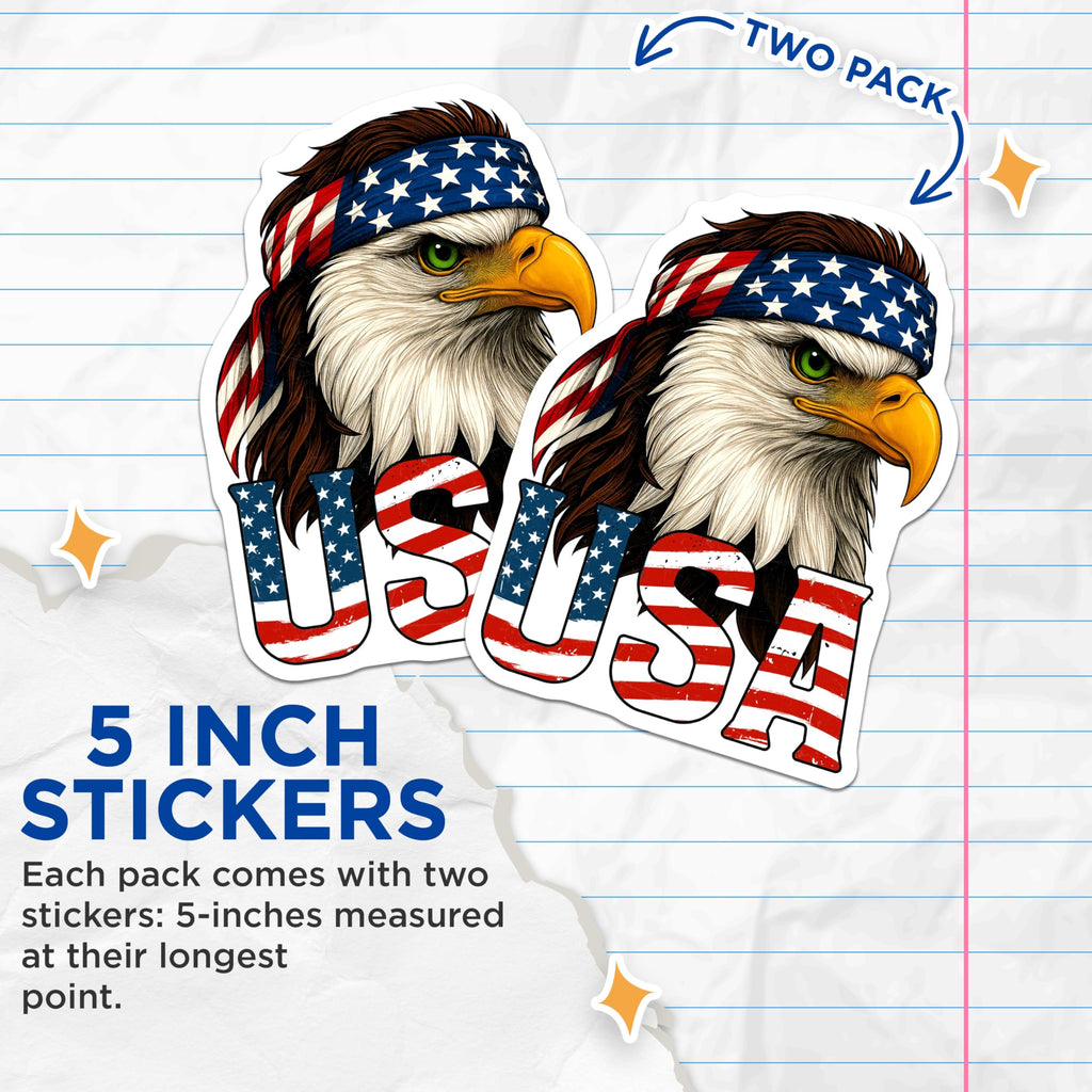 (2 Pack) American Bald Eagle Stickers - USA Flag Bandana Patriotism Decal - Freedom Symbol USA Pride - 5" On Longest Side - Sticks to Smooth Flat Surfaces - Made in USA - BMCS20484
