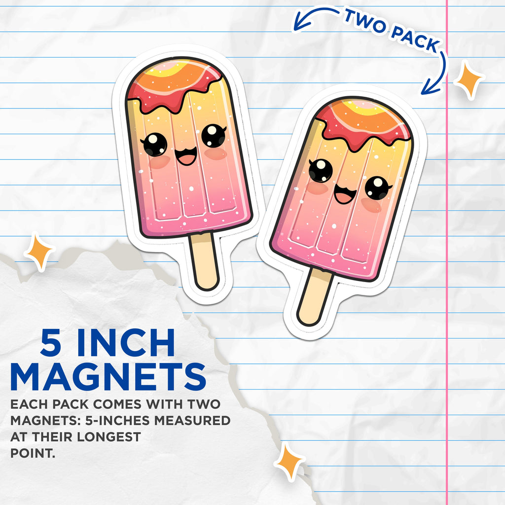 (2 Pack) Kawaii Popsicle Magnets - Cute Ice Pop Decor - Summer Refrigerator Accessory - Happy Sweet Treat - 5 Inches On Longest Side - Thick Durable Magnet - Made in USA - MAG39471