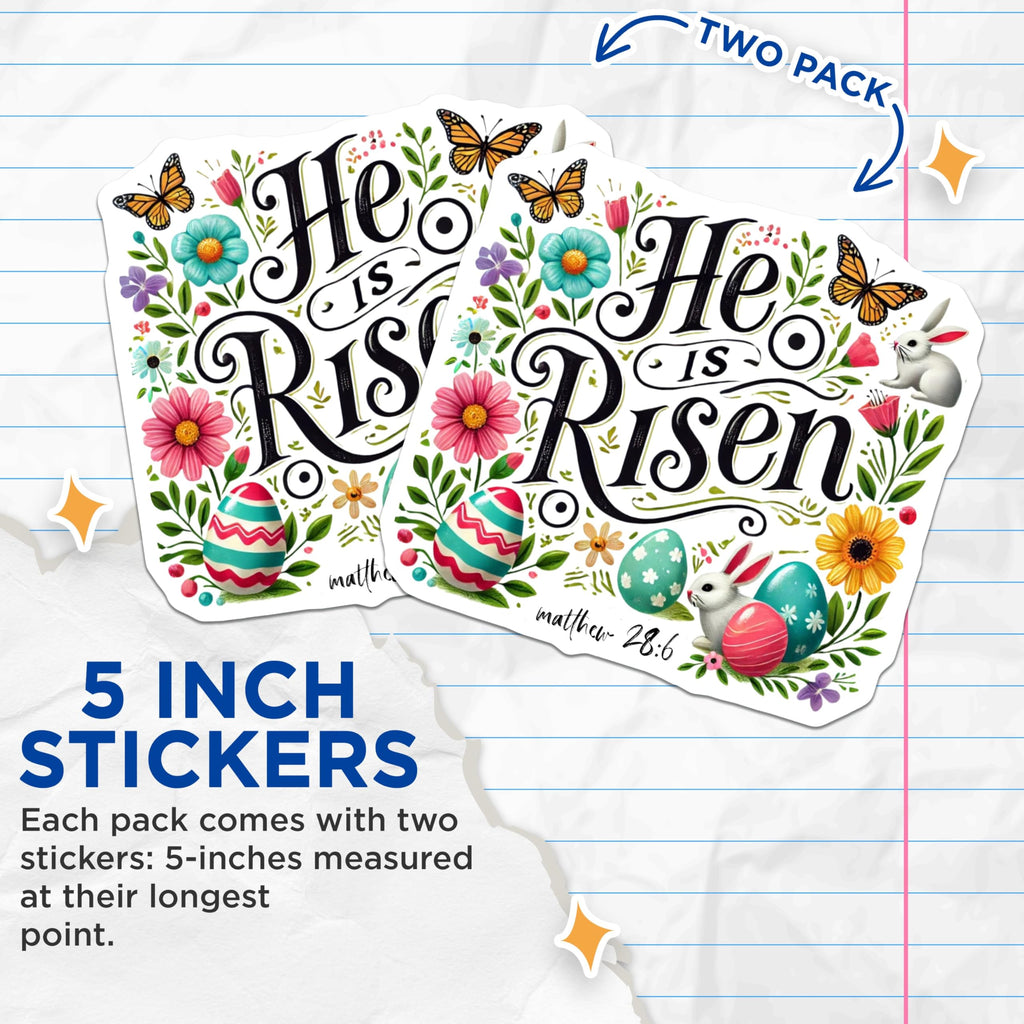 (2 Pack) He is Risen Stickers - 5" On Longest Side - Sticks to Smooth Flat Surfaces - Made in USA - BMCS8828 - BMCS8828