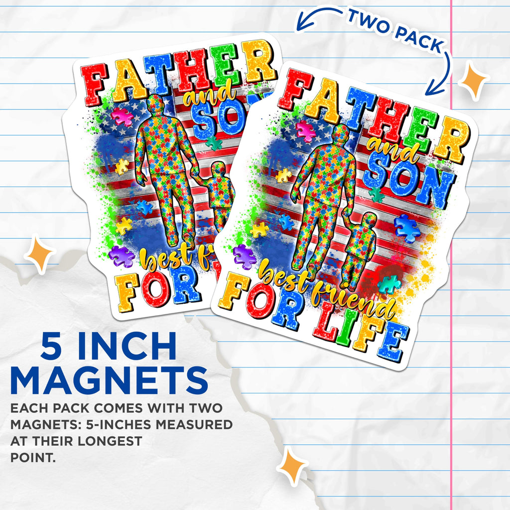 (2 Pack) Autism Awareness Magnets - Father Son Best Friends for Life - Puzzle Piece Design - Patriotic American Flag Art - 5 Inches On Longest Side - Thick Durable Magnet - Made in USA - MAG24977