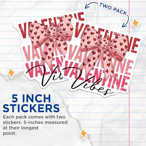 (2 Pack) Valentine Vibes Stickers - Cute Bow Heart Stickers - Valentine's Day Love Stickers - 5" On Longest Side - Sticks to Any Smooth Flat Surface - Made in USA - BMCS3606