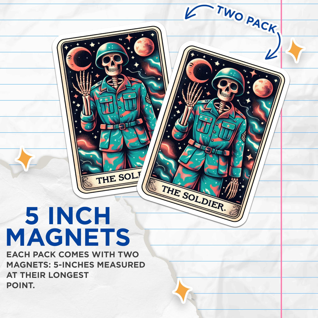 (2 Pack) Tarot Card Skeleton Soldier Magnets - Psychedelic Cosmic Art - Mystical Skull Decor - 5 Inches On Longest Side - Thick Durable Magnet - Made in USA - MAG30288