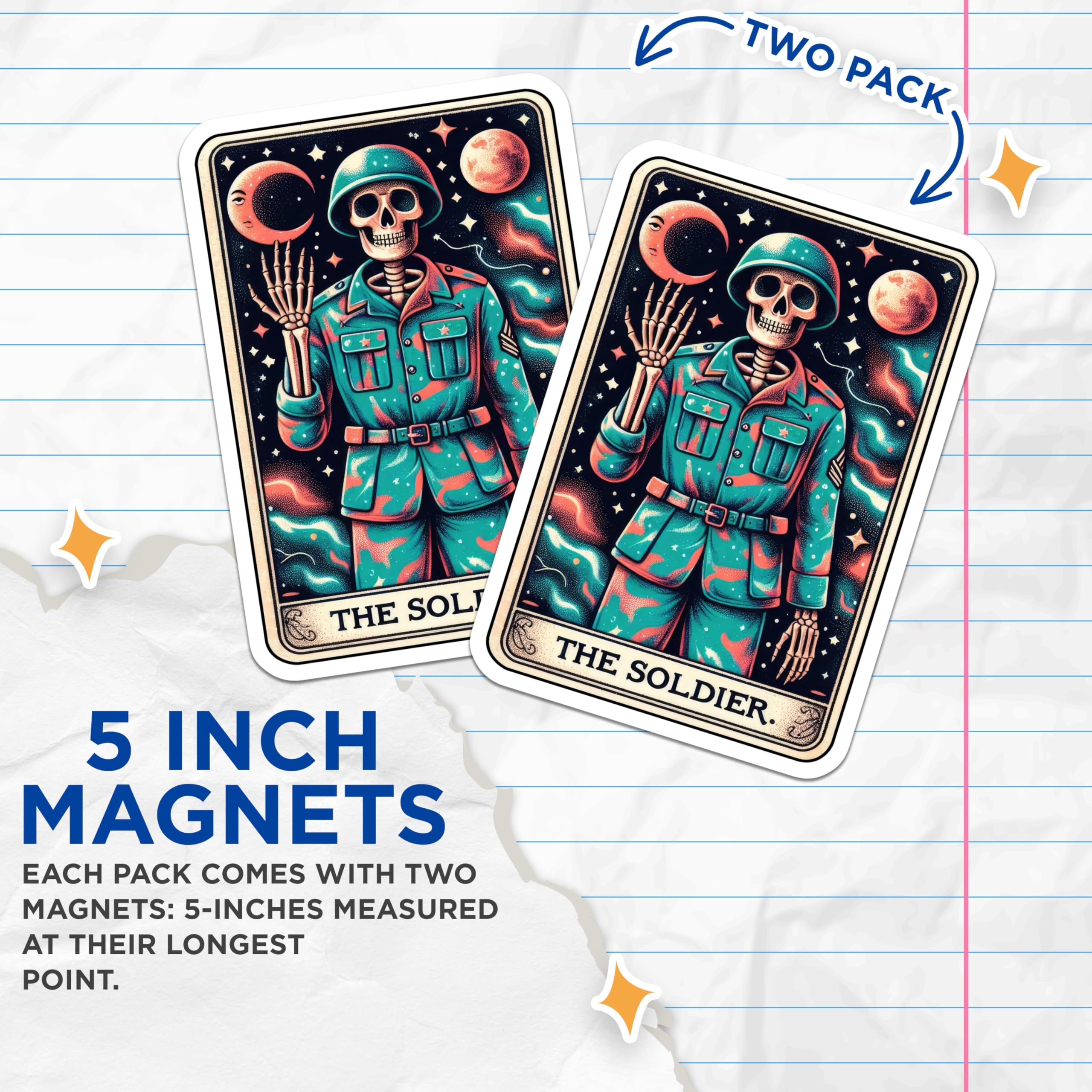 (2 Pack) Tarot Card Skeleton Soldier Magnets - Psychedelic Cosmic Art - Mystical Skull Decor - 5 Inches On Longest Side - Thick Durable Magnet - Made in USA - MAG30288