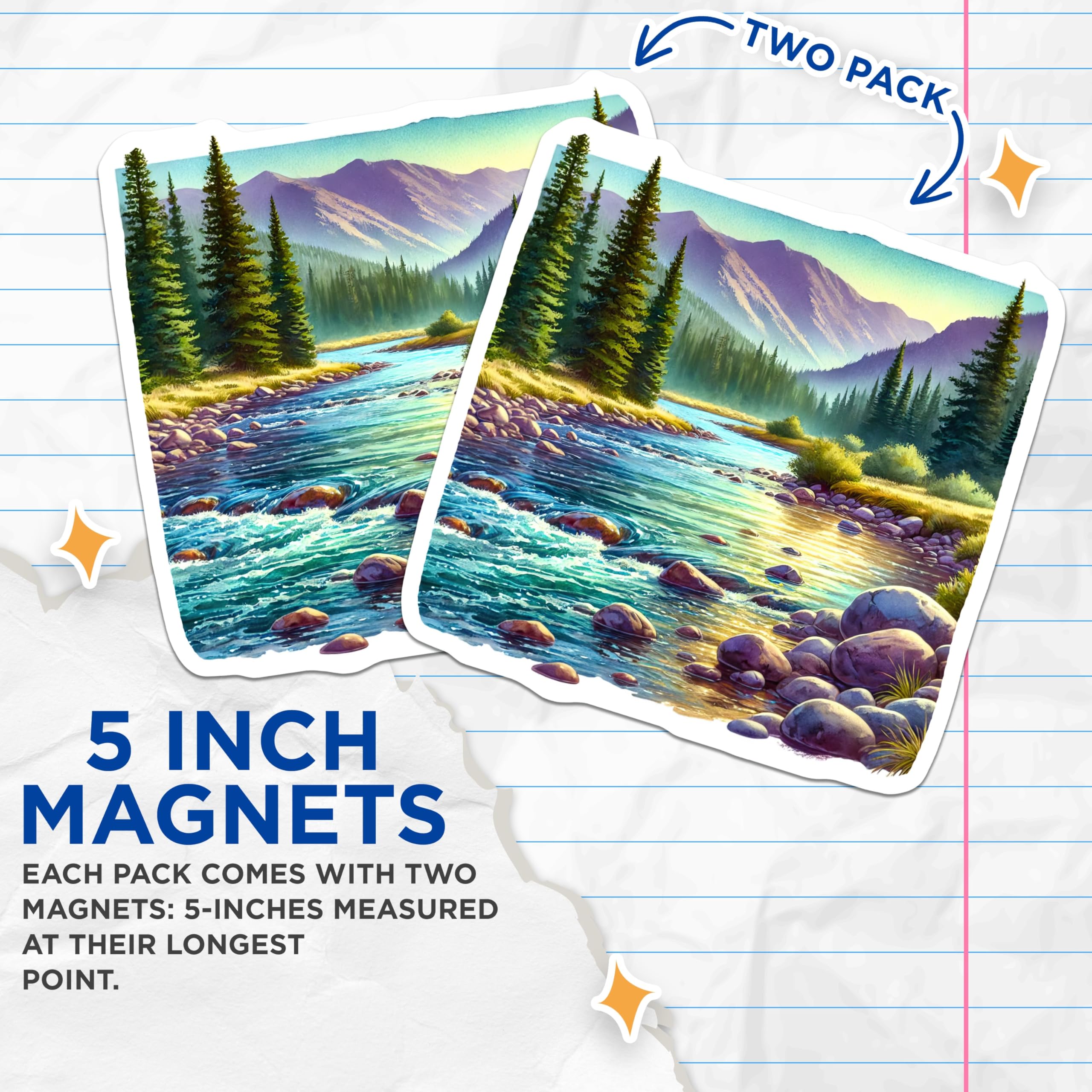 (2 Pack) Mountain River Magnets - Nature Landscape Decoration - Scenic View Home Decals - 5" On Longest Side - Premium Magnet - for Cars, Refrigerators, Toolboxes, Lockers - Made in USA - MAG17175