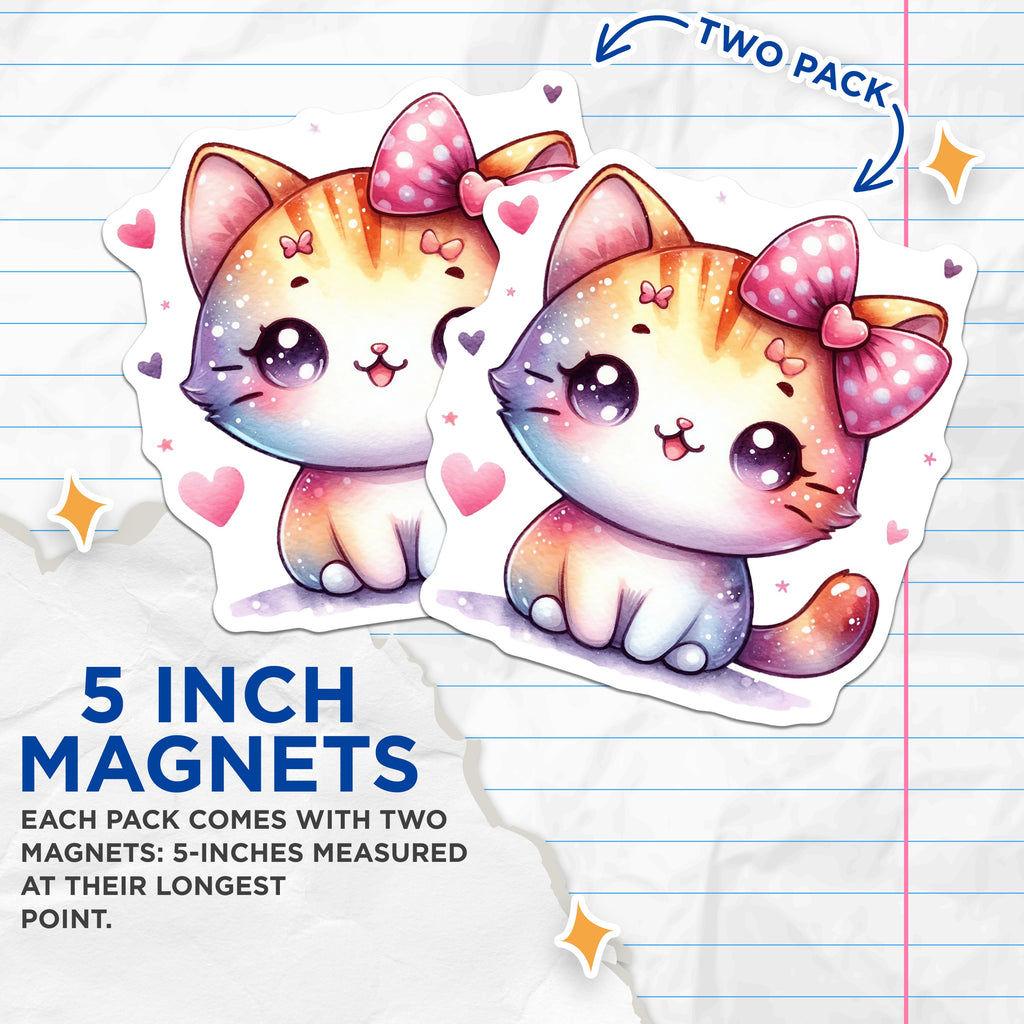 (2 Pack) Cute Kawaii Kitten Magnets - Pastel Cat Aesthetic - Chibi Animal Lover Fridge Locker Decor - 5 Inches On Longest Side - Thick Durable Magnet - Made in USA - MAG37366