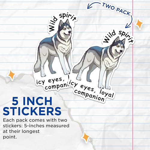 (2 Packs) Husky Dog Breed Stickers - Wild Spirit ICY Eyes, Loyal Companion Decals - 5 Inches On Longest Side - Premium Vinyl Decal - Sticks to Any Smooth Flat Surface - Made in USA - BMCS2390