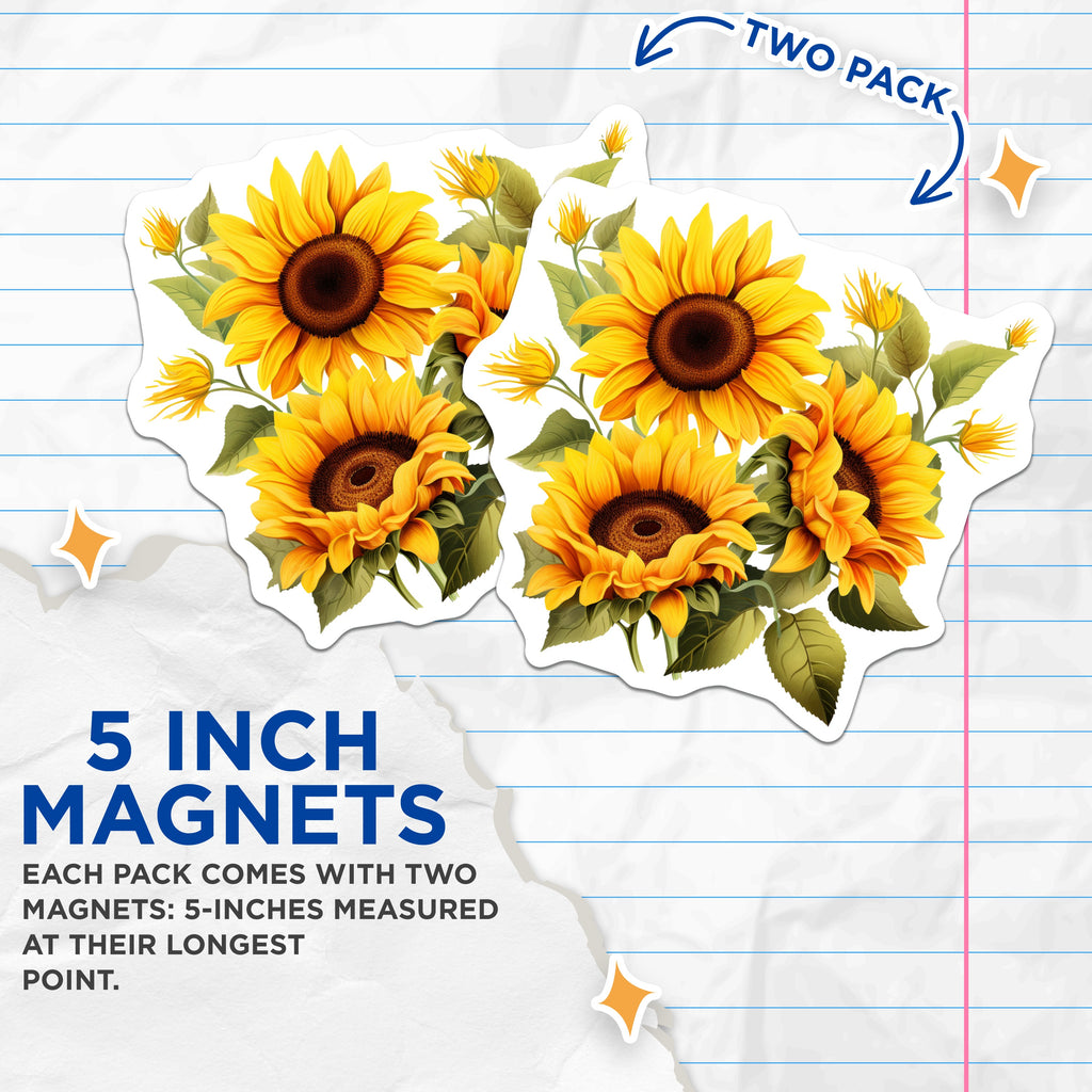 (2 Pack) Sunflower Magnets - Cheerful Botanical Floral Decor - Vibrant Summer Kitchen Fridge Art - 5 Inches On Longest Side - Thick Durable Magnet - Made in USA - MAG39195