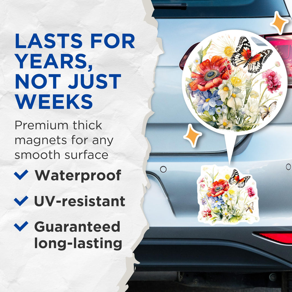 (2 Pack) Floral Bouquet Magnets - Butterfly Flower Art - Fridge Magnets Home Decor - 5" On Longest Side - Premium Magnet - for Cars, Refrigerators, Toolboxes, Lockers - Made in USA - MAG16013