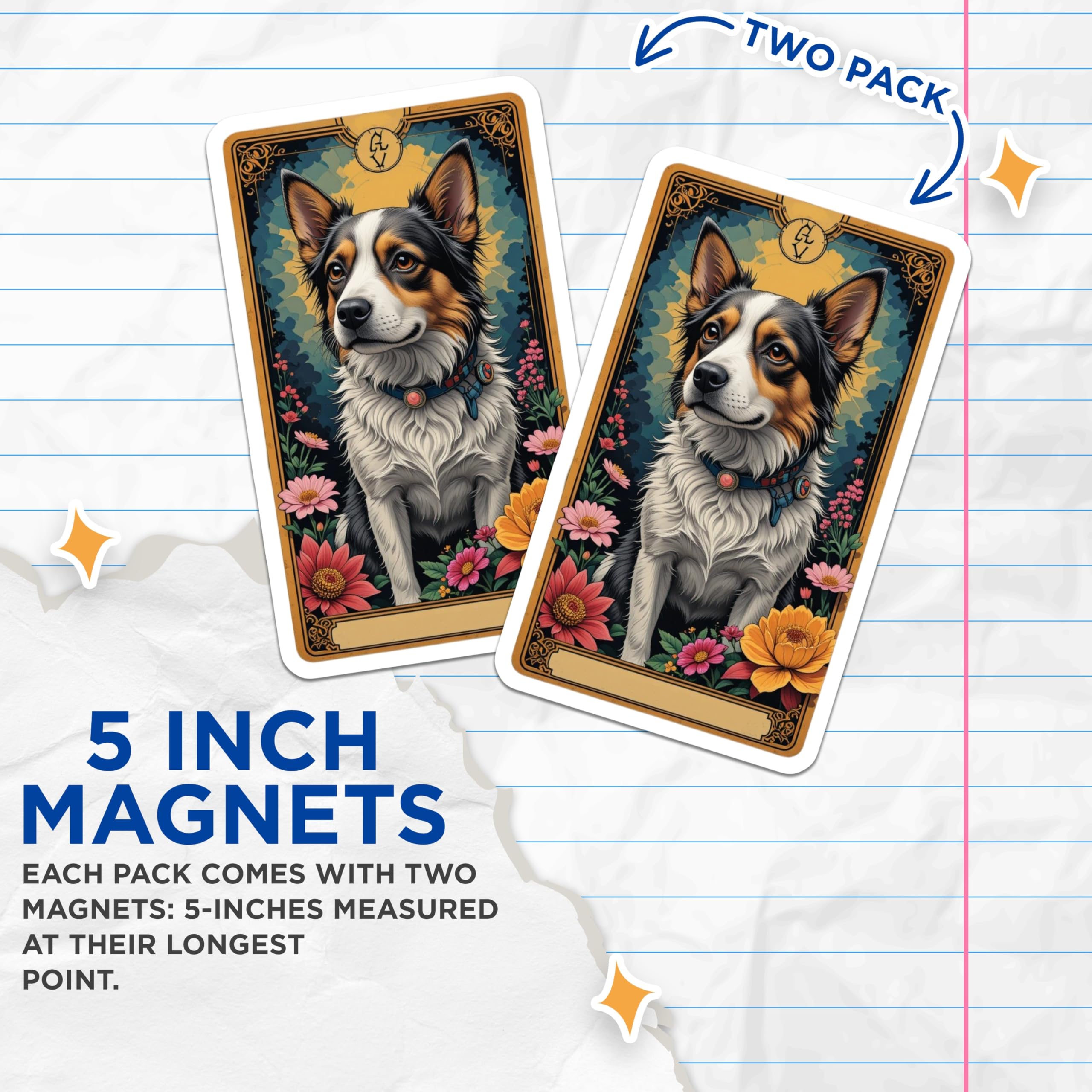 (2 Pack) Border Collie Dog Magnets - Whimsical Tarot Card Style Animal Art - Mystical Floral Pet Decor - Refrigerator Magnets - 5 Inches On Longest Side - Thick Durable Magnet - Made in USA - MAG22826