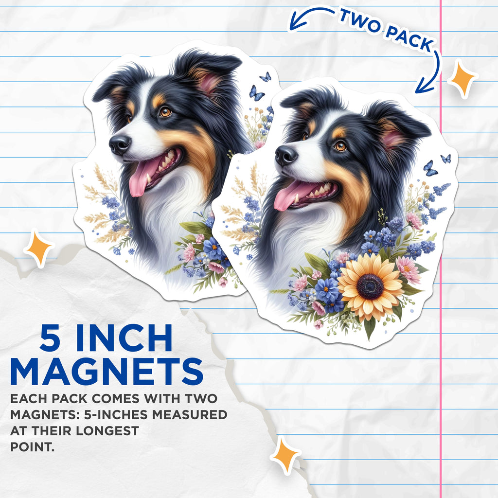 (2 Pack) Border Collie Dog Magnets - Whimsical Floral Animal Art - Pet Lover Refrigerator Decor - 5 Inches On Longest Side - Thick Durable Magnet - Made in USA - MAG36245