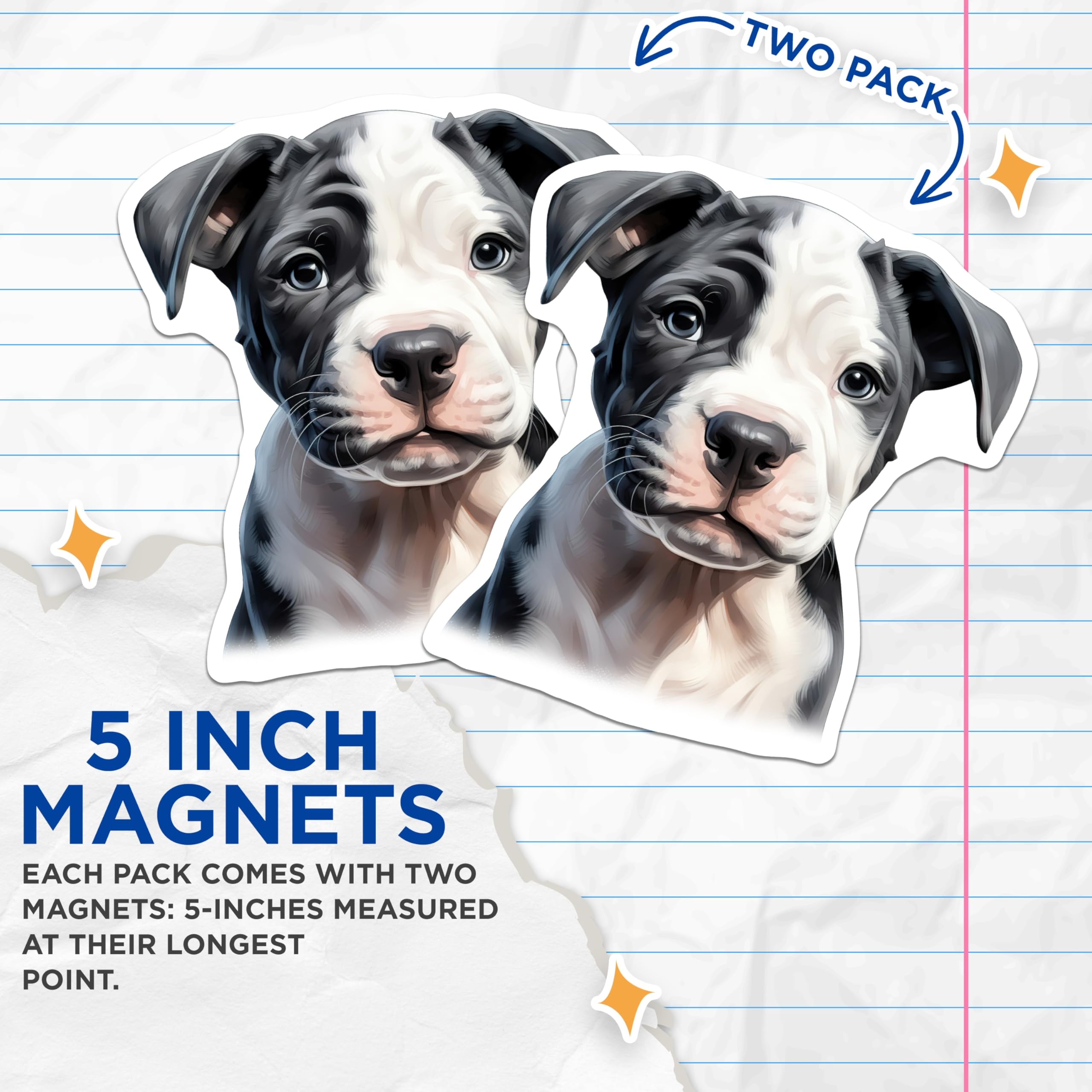 (2 Pack) Pitbull Puppy Magnets - Dog Lover Pet Portrait - Animal Fridge Decor - Pet Parent Kitchen Accent - 5 Inches On Longest Side - Thick Durable Magnet - Made in USA - MAG28120