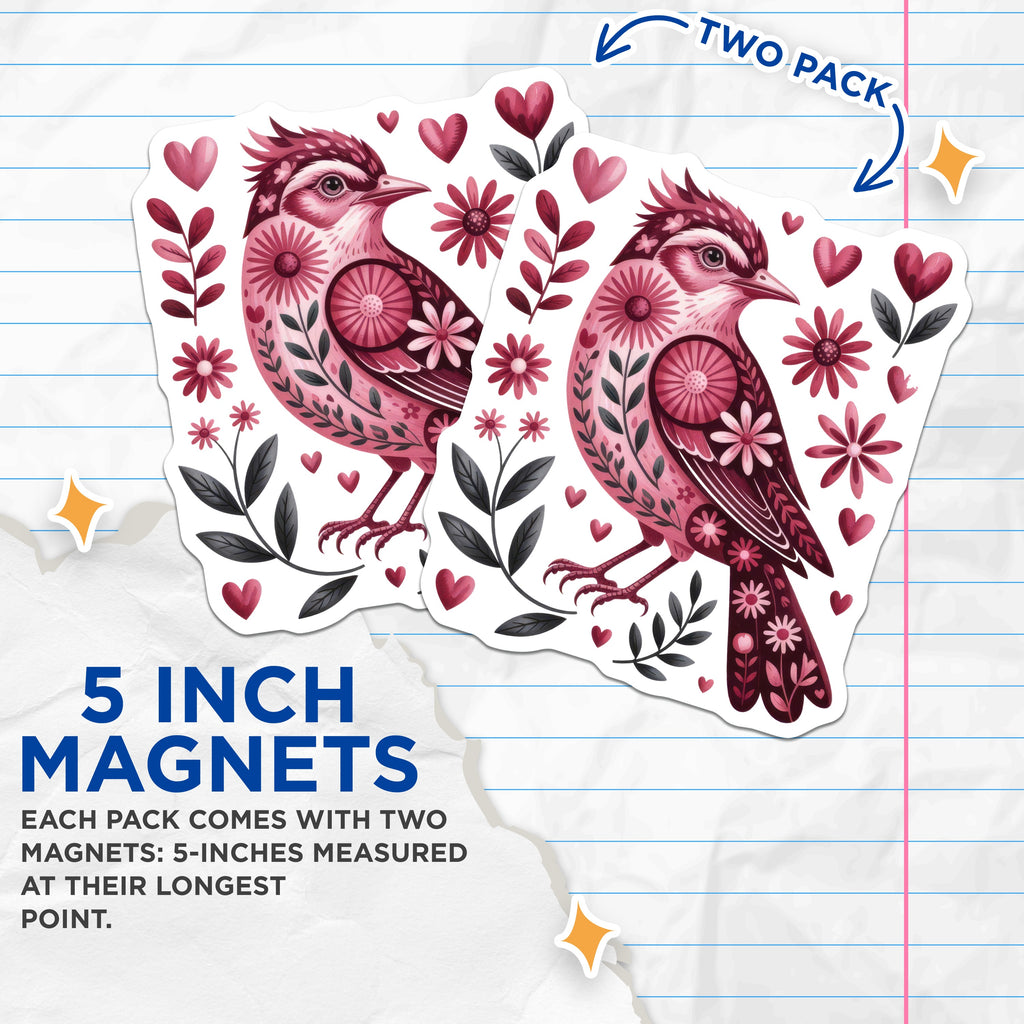 (2 Pack) Folk Art Bird Magnets - Whimsical Floral Decor - Nature Inspired Refrigerator Art - 5 Inches On Longest Side - Thick Durable Magnet - Made in USA - MAG39281