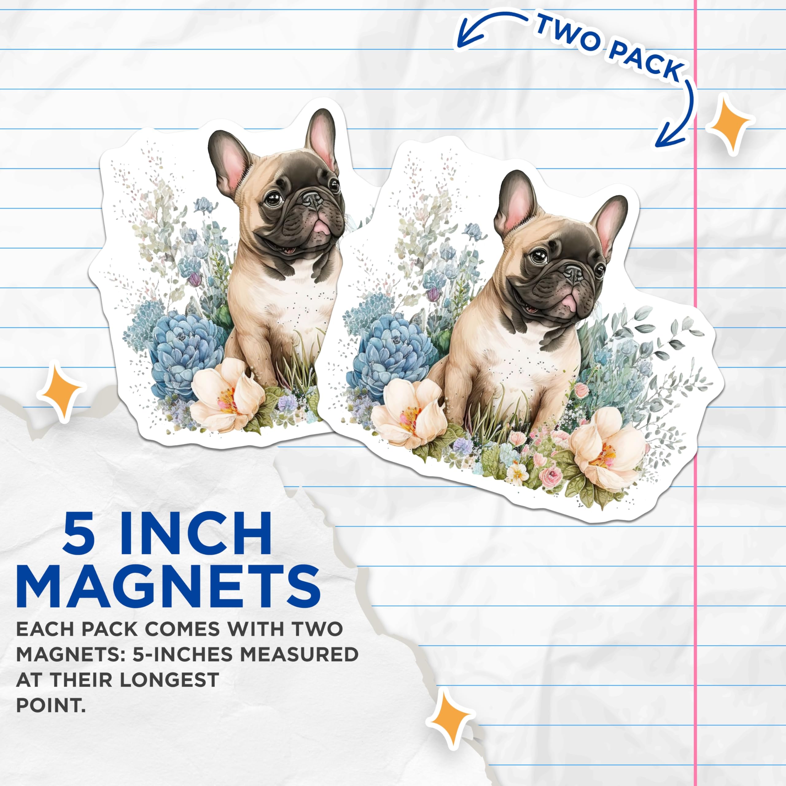 (2 Pack) French Bulldog Magnets - Floral Dog Decor - Cute Doggy Magnets - 5" On Longest Side - Premium Magnet - for Cars, Refrigerators, Toolboxes, Lockers - Made in USA - MAG14626