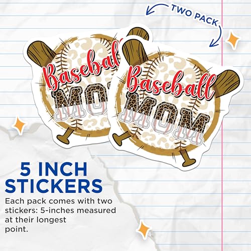 (2 Pack) Baseball Mom Stickers - Sports Enthusiast Decal - Leopard Print Sports Mom Sticker - 5" On Longest Side - Sticks to Smooth Flat Surfaces - Made in USA - BMCS5978