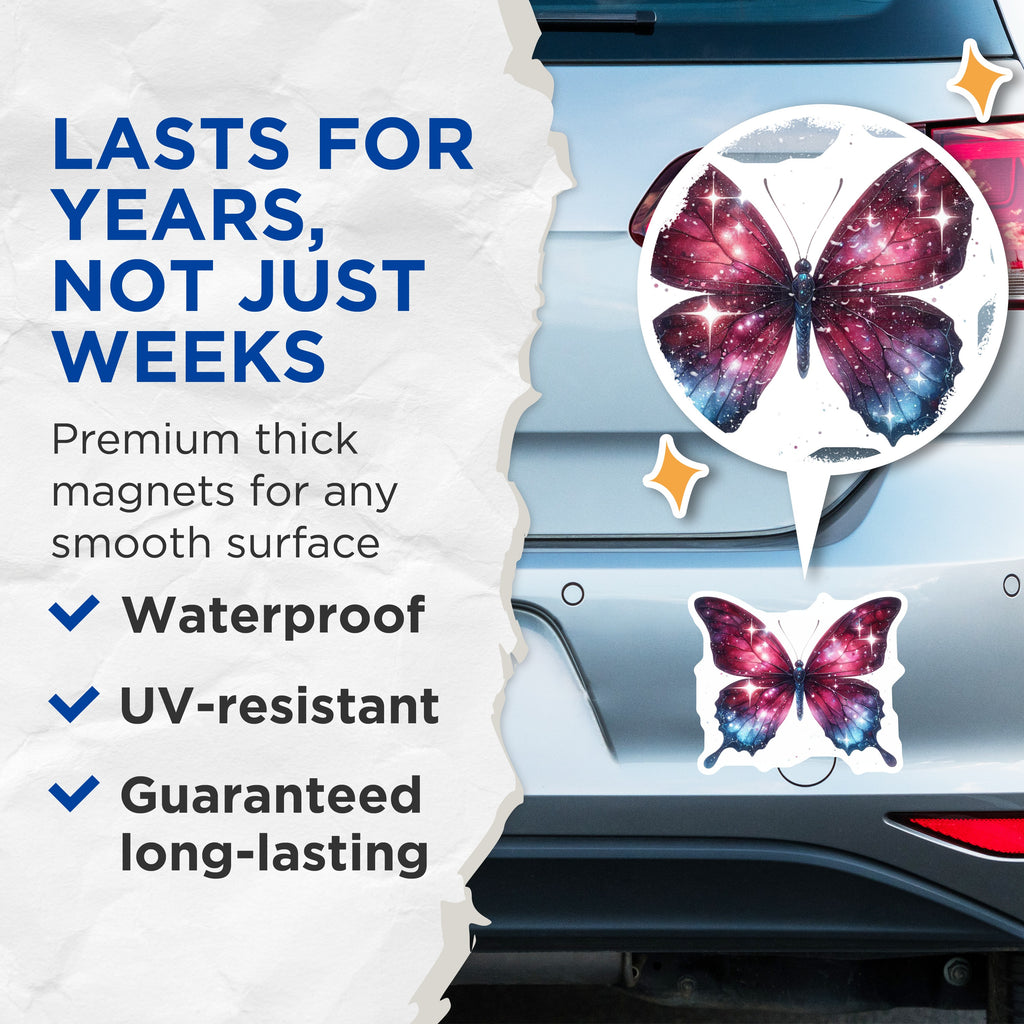 (2 Pack) Galaxy Butterfly Magnets - Celestial Fridge Decor - Whimsical Locker Art for Home - 5 Inches On Longest Side - Thick Durable Magnet - Made in USA - MAG39552