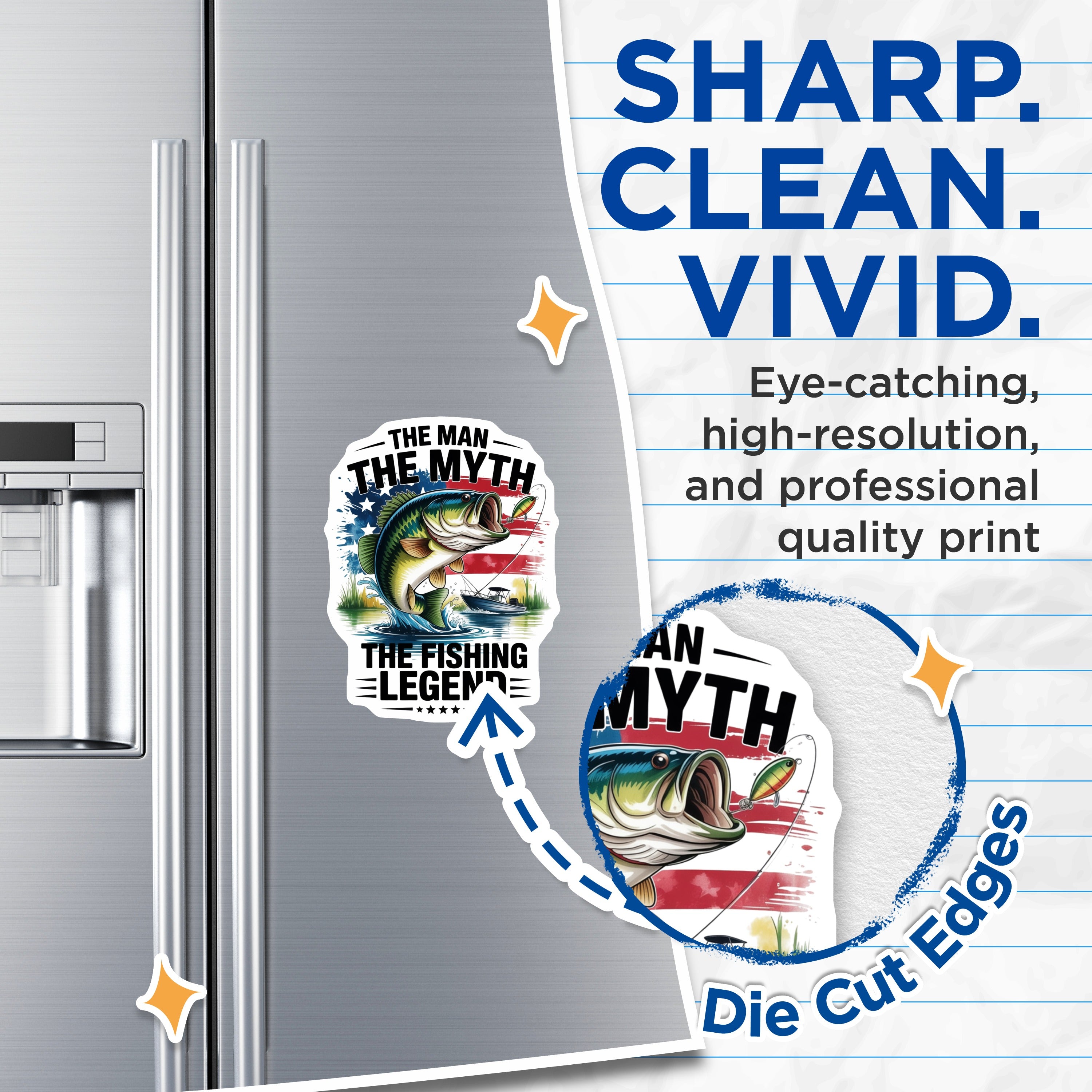 (2 Pack) Fishing Legend Magnets - Bass Angler Art - Patriotic Outdoor Humor - Man Myth Motif - Refrigerator Locker Decor - 5 Inches On Longest Side - Thick Durable Magnet - Made in USA - MAG36977