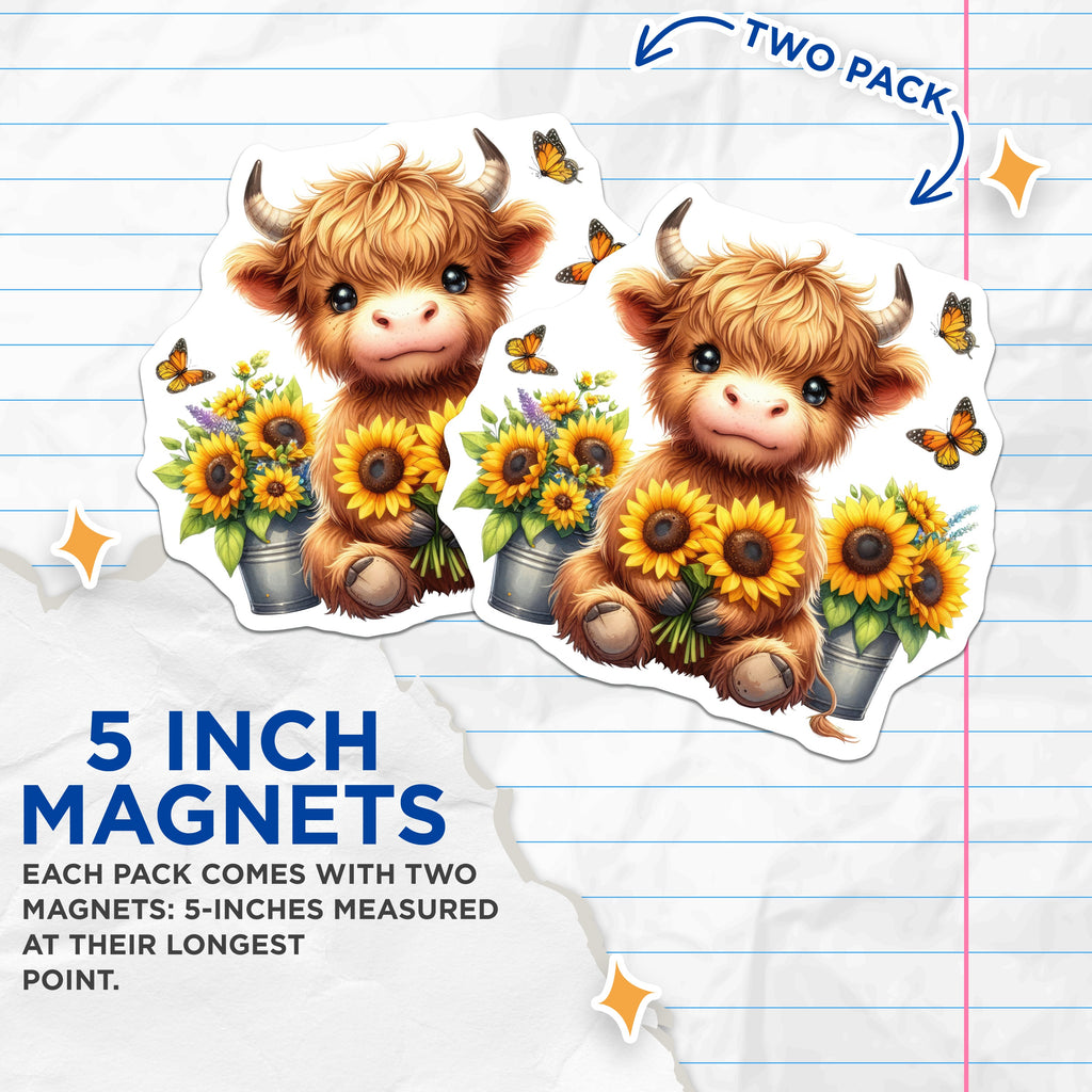 (2 Pack) Adorable Highland Cow Magnets - Baby Calf Sunflower Kitchen Decor - Rustic Farm Animal Fridge Locker Accessory - 5 Inches On Longest Side - Thick Durable Magnet - Made in USA - MAG37673