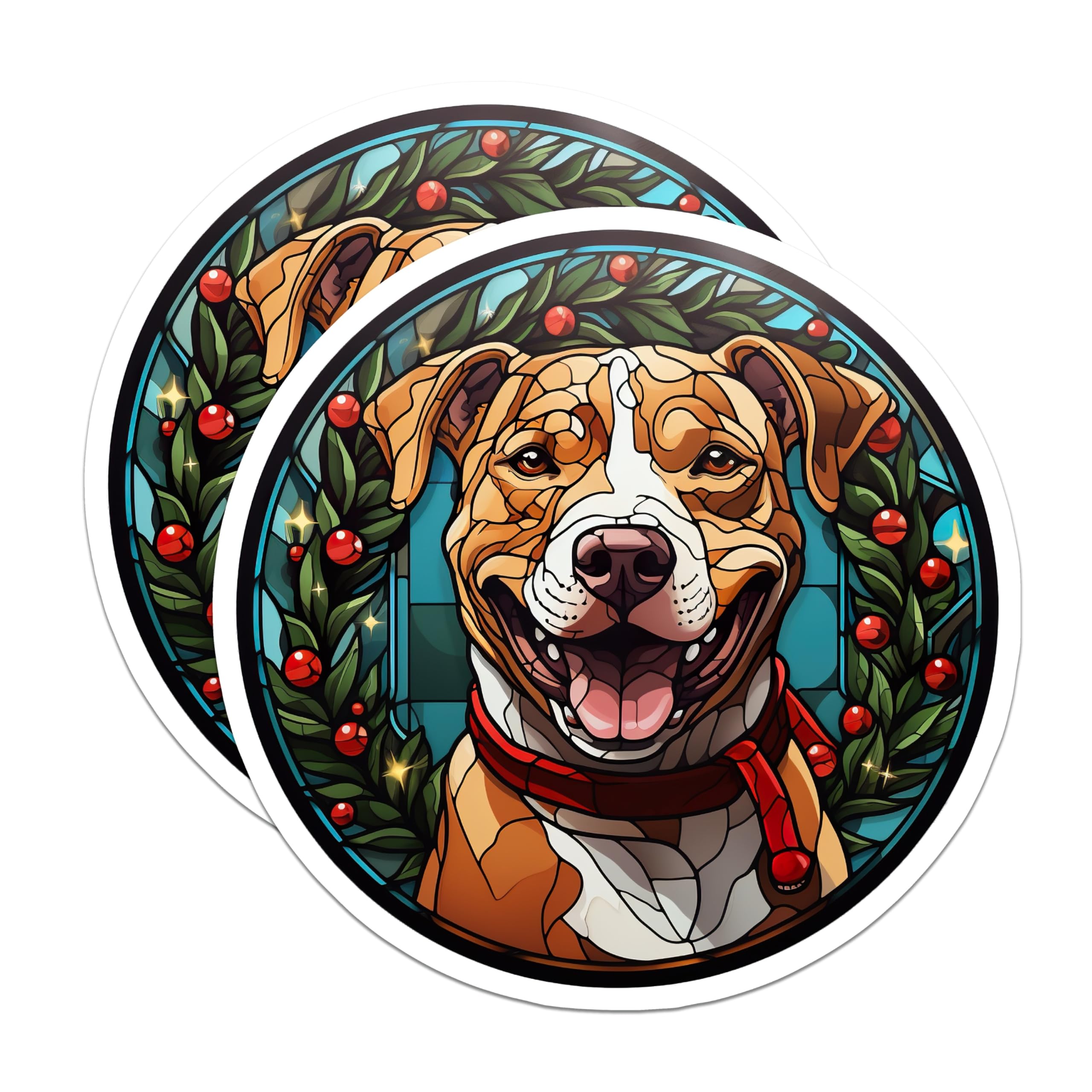 (2 Pack) Christmas Dog Magnets - Stained Glass Pet Decor - Happy Pitbull Fridge Magnets - Holiday Dog Lover Item - 5 Inches On Longest Side - Thick Durable Magnet - Made in USA - MAG25193