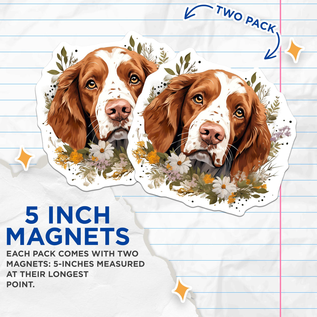 (2 Pack) Springer Spaniel Magnets - Brown White Dog Art - Wildflower Pet Decor - Canine Lover Refrigerator Magnet - 5 Inches On Longest Side - Thick Durable Magnet - Made in USA - MAG23869