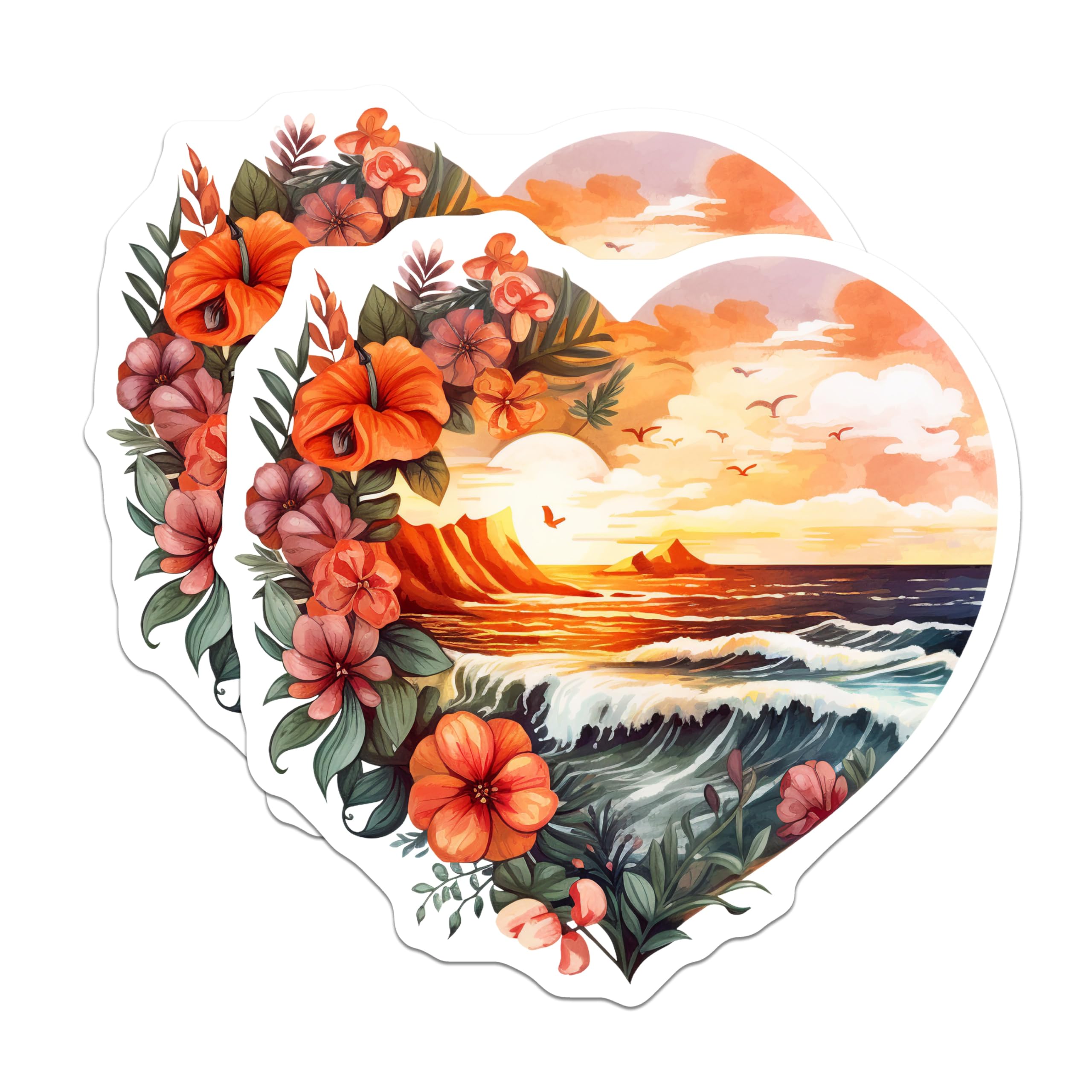 (2 Pack) Tropical Sunset Heart Magnets - Hawaiian Ocean Waves - Vibrant Floral Beach Art - 5 Inches On Longest Side - Thick Durable Magnet - Made in USA - MAG19826