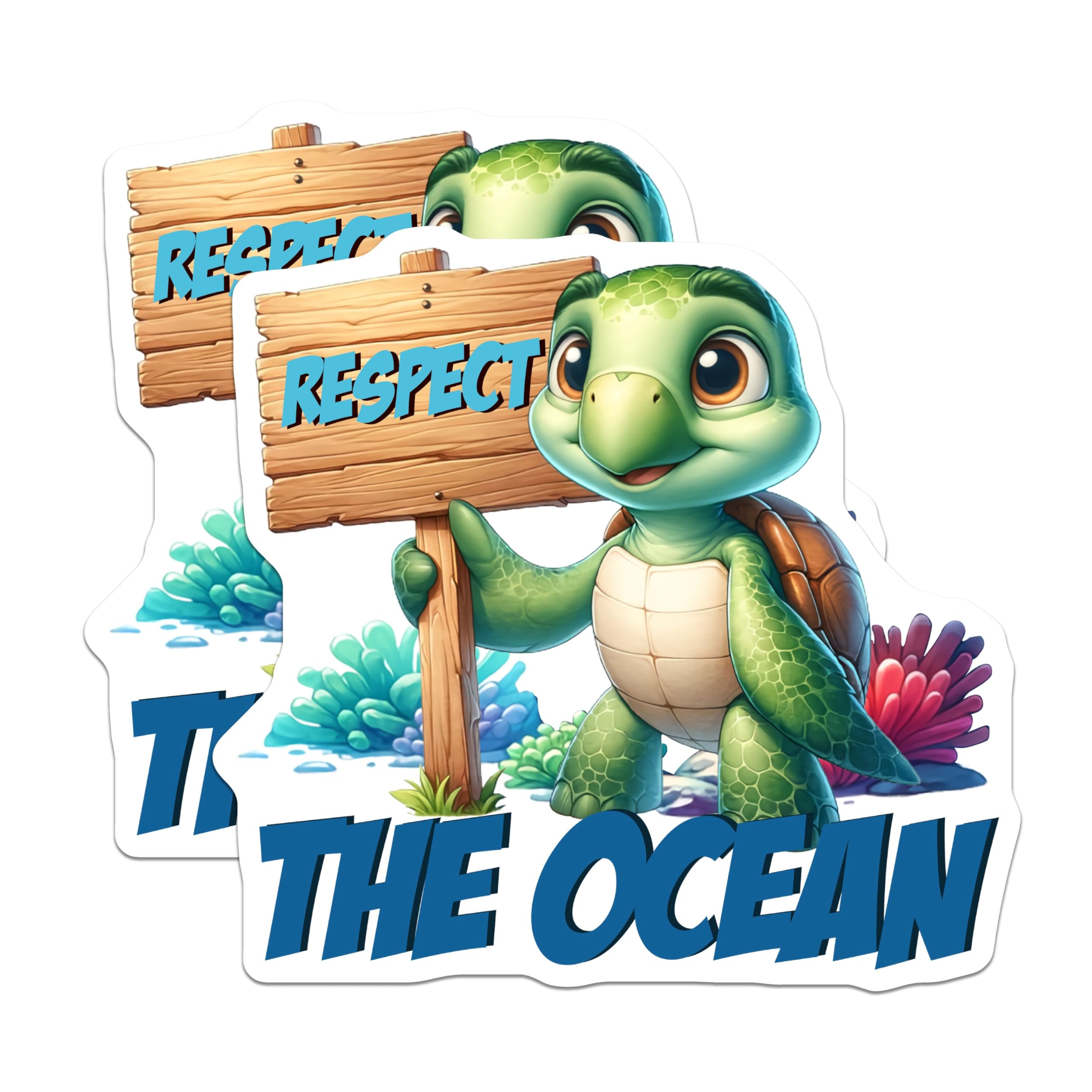 (2 Pack) Respect The Ocean Magnets - Cute Turtle Save The Sea - 5" On Longest Side - for Cars, Fridges, Toolboxes - Made in USA - MAG7957