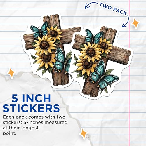 (2 Pack) Butterfly Sunflower Cross Stickers - 5" On Longest Side - Sticks to Smooth Flat Surfaces - Made in USA - BMCS8735 - BMCS8735