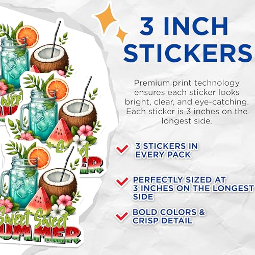 (3 Pack) Summer Drink Decals - Tropical Fruit Stickers - Sweet Summer Decor - 3 Inches On Longest Side - Easy Peel & Apply - Made in USA - 3MCS7076