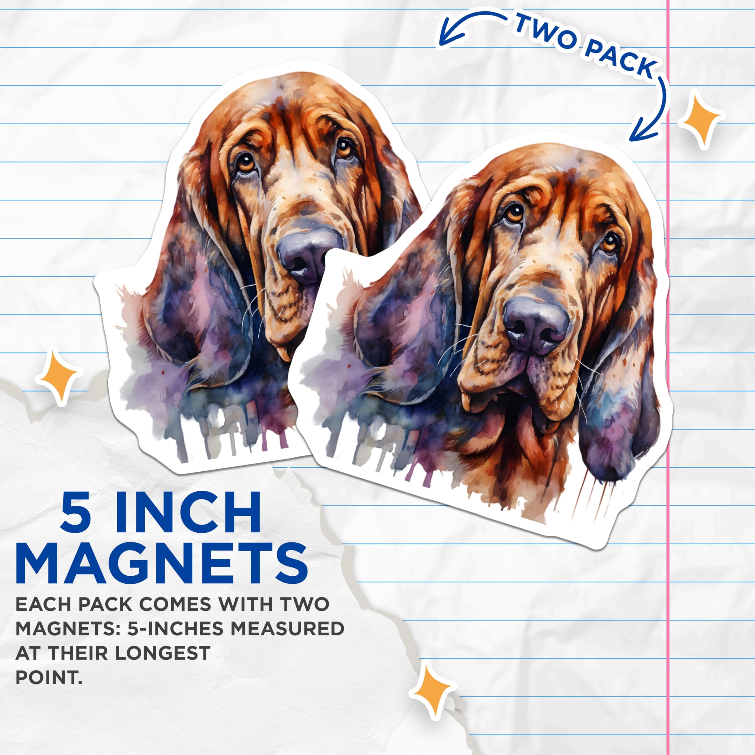 (2 Pack) Bloodhound Magnets - Watercolor Dog Art - Pet Lover Fridge Decor - Dog Mom Dad Bloodhound Owner - 5 Inches On Longest Side - Thick Durable Magnet - Made in USA - MAG30892