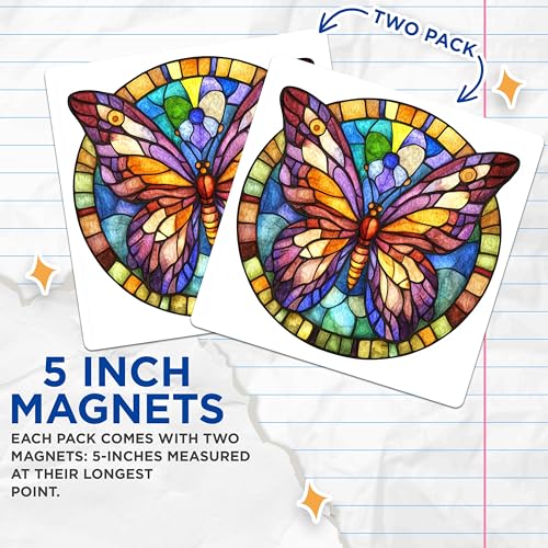 (2 Pack) Stained Glass Butterfly Magnets - Mosaic Fridge Decor - Colorful Kitchen Accent - 5 Inches On Longest Side - Thick Durable Magnet - Made in USA - MAG27324