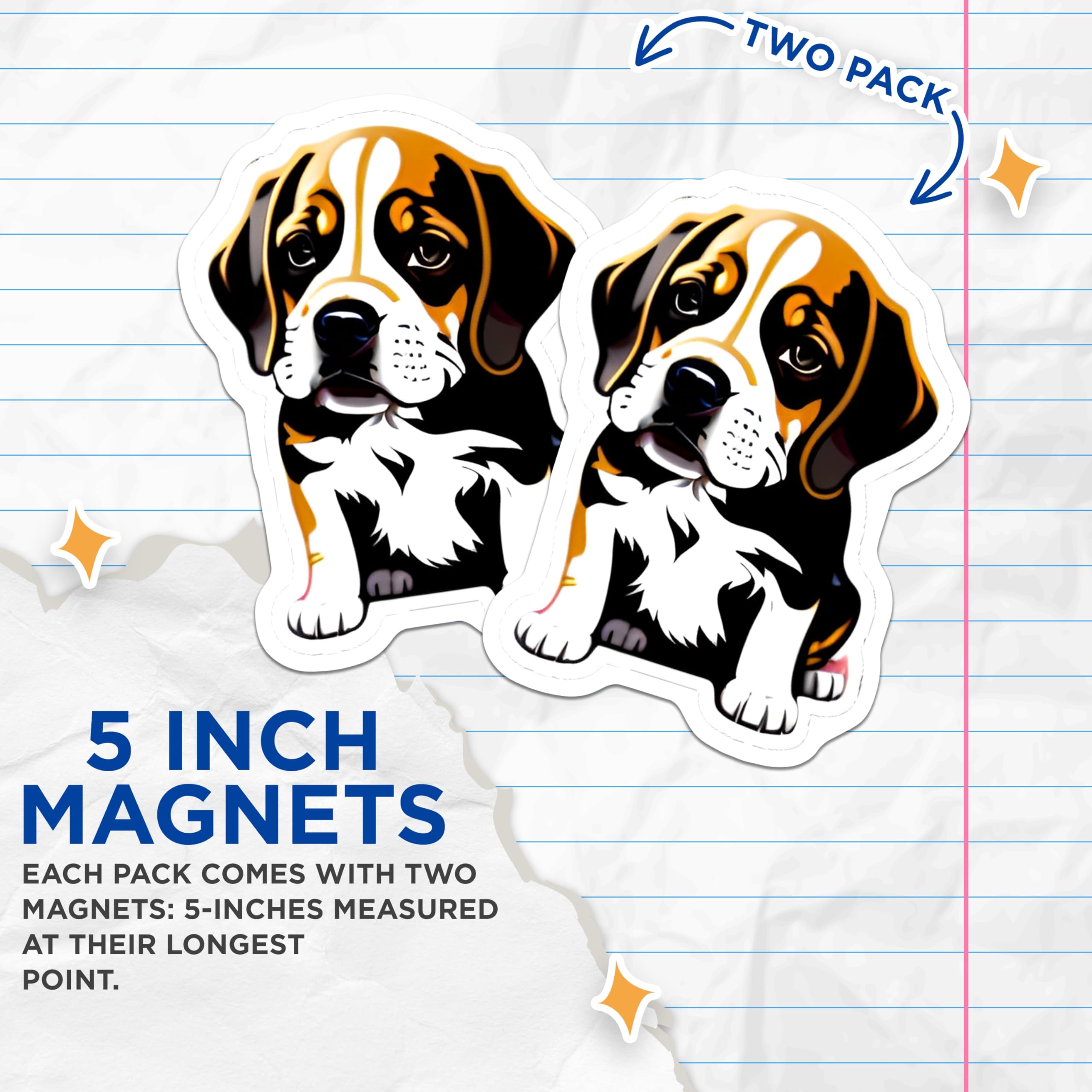 (2 Pack) Adorable Beagle Puppy Magnets - Tri Color Hound Dog Art - Pet Lover Refrigerator Locker Decor - 5 Inches On Longest Side - Thick Durable Magnet - Made in USA - MAG21484