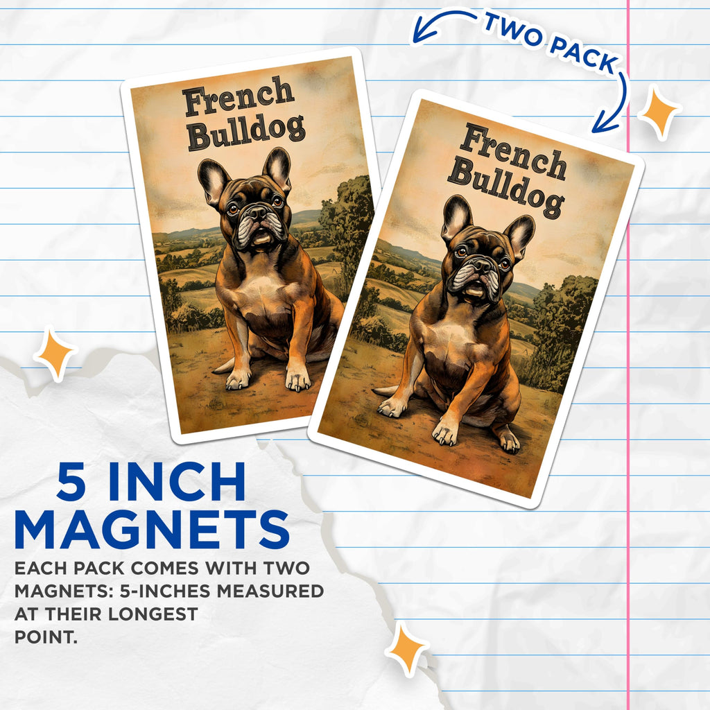 (2 Pack) French Bulldog Magnets - Adorable Frenchie Dog Breed Display - Vintage Countryside Canine Art Fridge Accessory - 5 Inches On Longest Side - Thick Durable Magnet - Made in USA - MAG22177