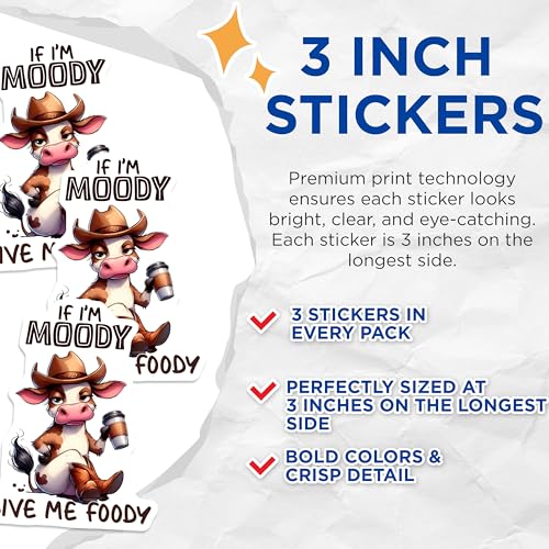 (3 Pack) Moody Cow Decals - Funny Animal Stickers - Coffee Lover Decals - 3 Inches On Longest Side - Easy Peel & Apply - Made in USA - 3MCS2563
