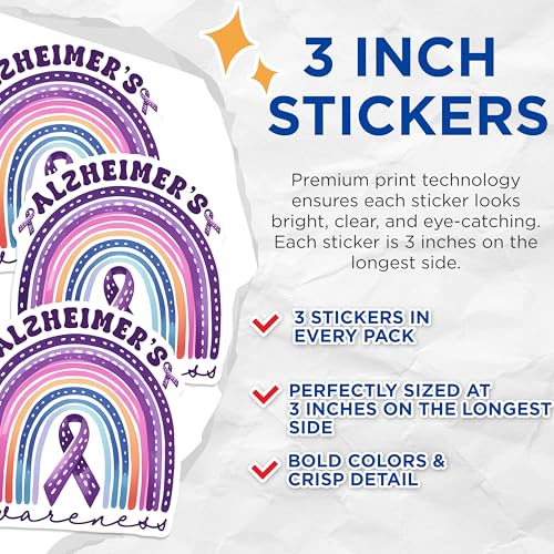(3 Pack) Alzheimers Awareness Decals - Purple Ribbon Rainbow Sticker - Laptop Decals - 3 Inches On Longest Side - Easy Peel & Apply - Made in USA - 3MCS8557