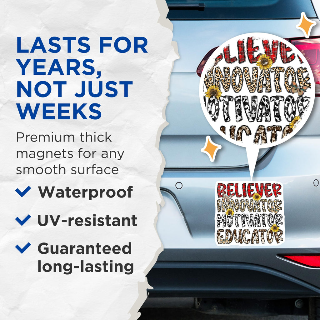 (2 Pack) Believer Innovator Motivator Educator Magnets - Teacher Appreciation - Inspirational Decor - 5 Inches On Longest Side - Thick Durable Magnet - Made in USA - MAG28164