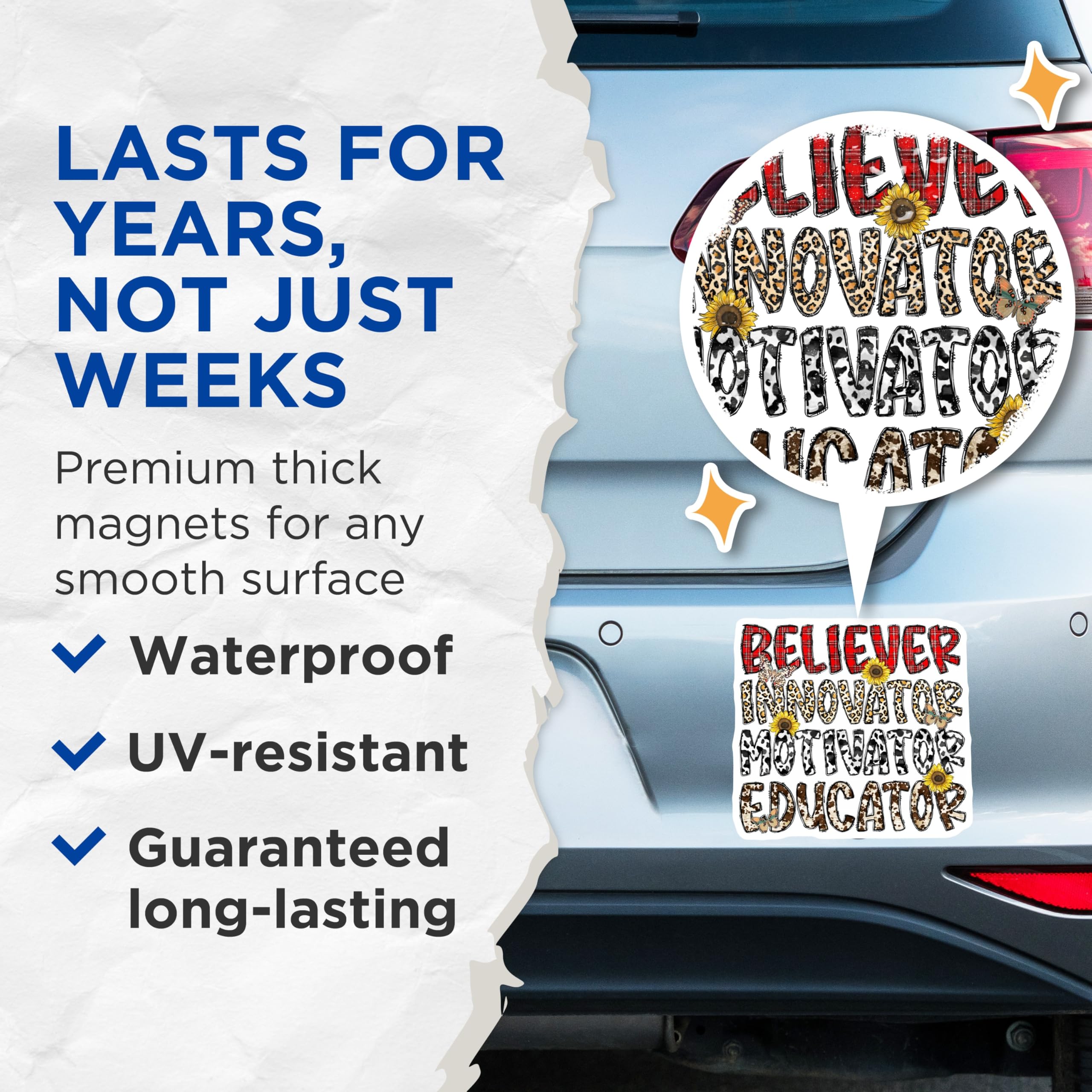 (2 Pack) Believer Innovator Motivator Educator Magnets - Teacher Appreciation - Inspirational Decor - 5 Inches On Longest Side - Thick Durable Magnet - Made in USA - MAG28164