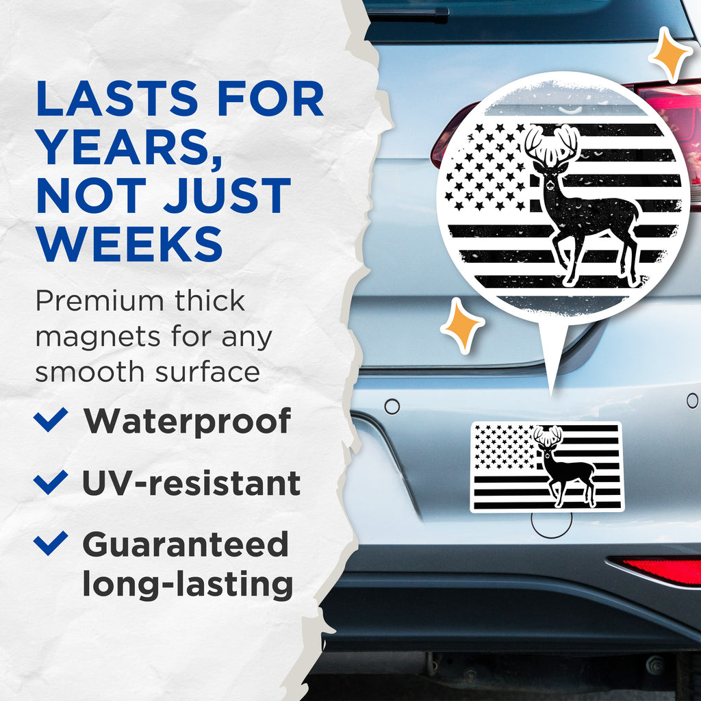 (2 Pack) American Flag Buck Magnets - Hunter Outdoorsman Decor - Patriotic Vehicle Fridge Accent - 5 Inches On Longest Side - Thick Durable Magnet - Made in USA - MAG38318