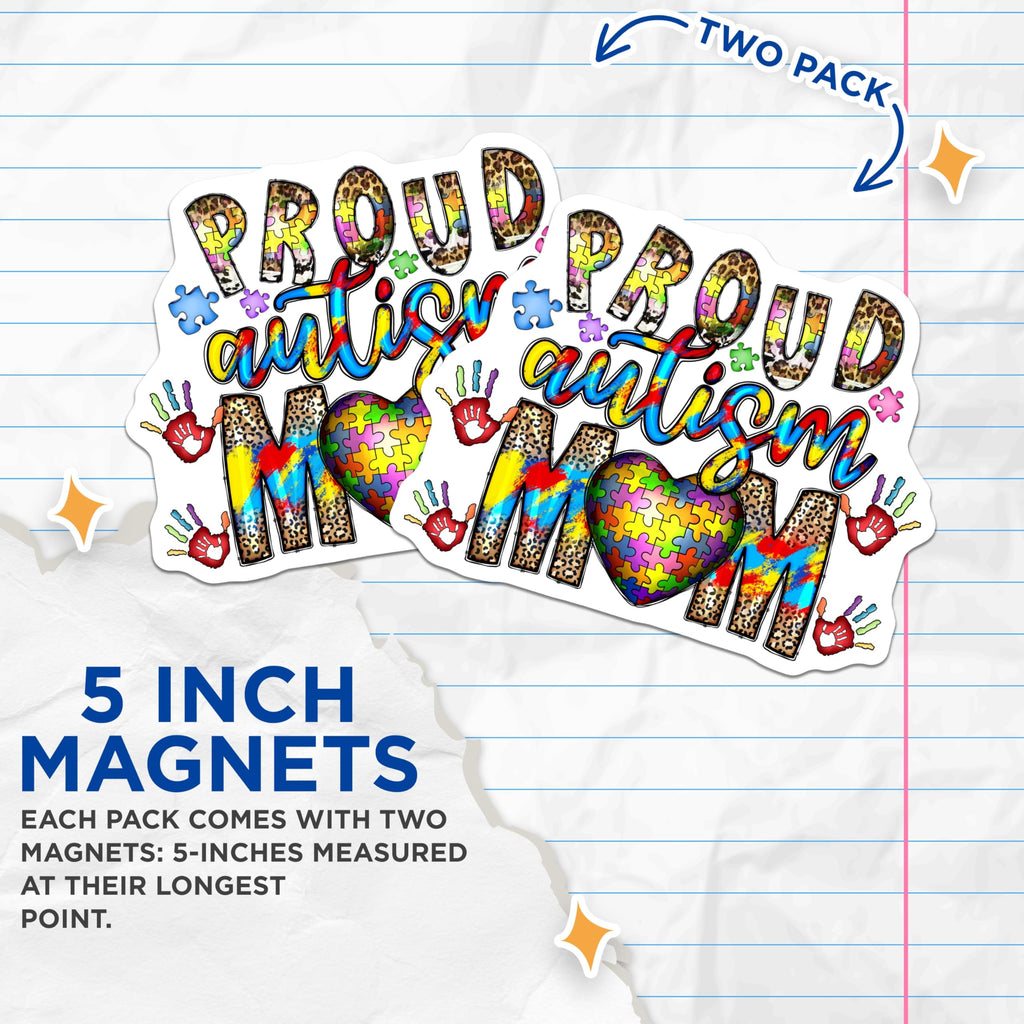 (2 Pack) Autism Awareness Magnets - Proud Autism Mom Supporter - Colorful Puzzle Piece Heart Handprint Design - 5 Inches On Longest Side - Thick Durable Magnet - Made in USA - MAG24617