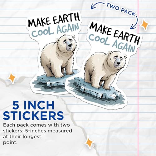 (2 Pack) Save The Earth Stickers - Environmental Awareness - Polar Bear Art - 5" On Longest Side - Sticks to Smooth Flat Surfaces - Made in USA - BMCS8450