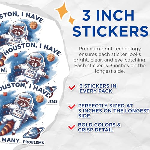 (3 Pack) Astronaut Raccoon Decals - Funny Space Decal - Laptop Decal - 3 Inches On Longest Side - Easy Peel & Apply - Made in USA - 3MCS1748