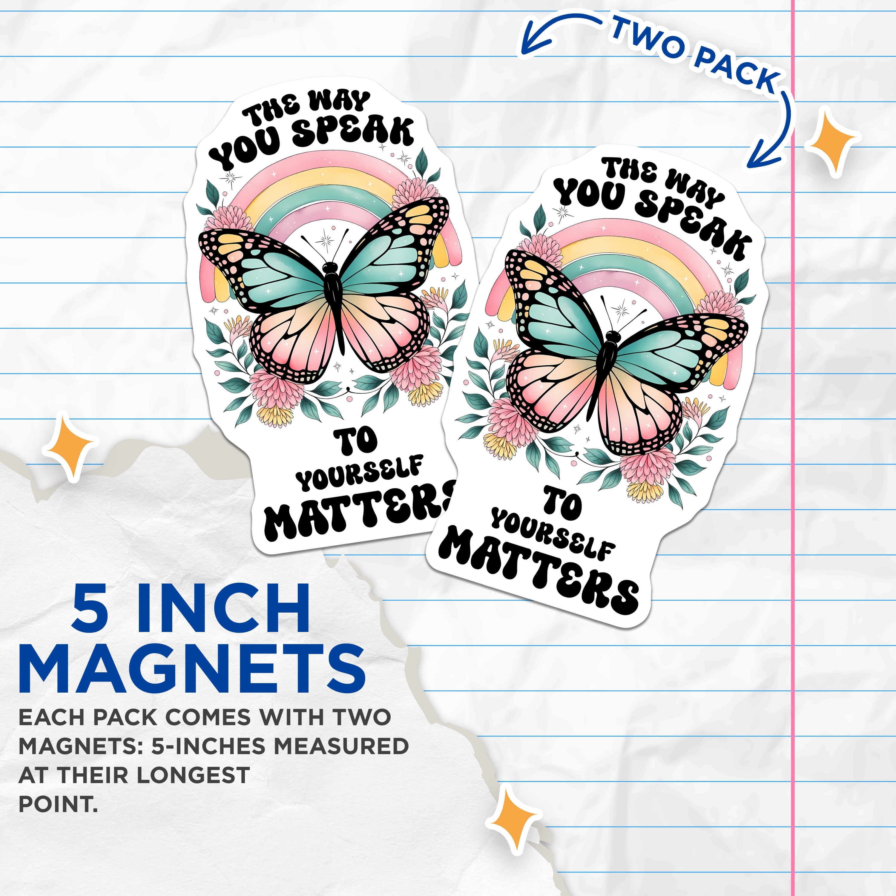 (2 Pack) Self Love Affirmation Magnets - Butterfly Rainbow Decor - Positive Mental Health Quote - 5 Inches On Longest Side - Thick Durable Magnet - Made in USA - MAG37053