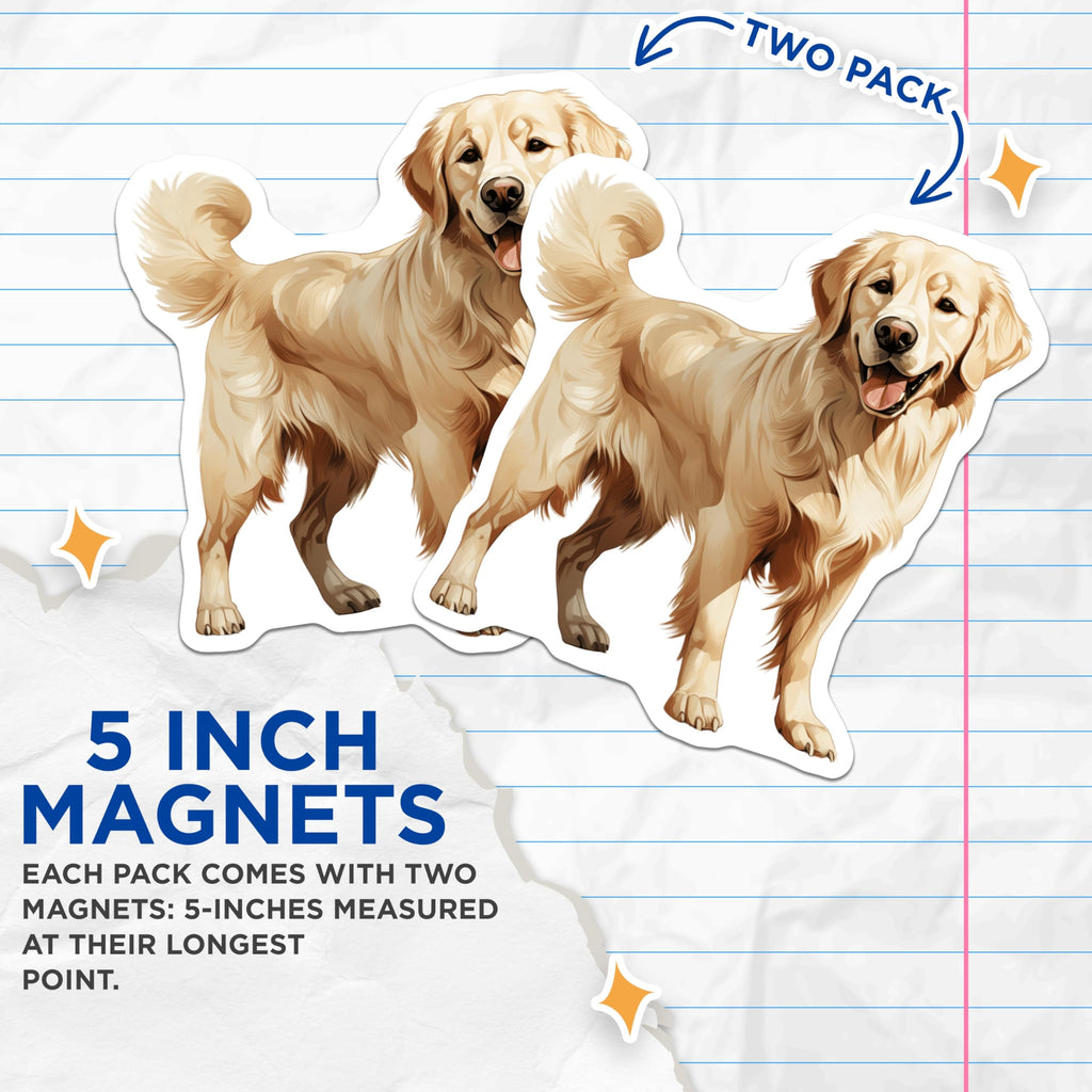 (2 Pack) Golden Retriever Magnets - Loyal Dog Breed Art - Happy Pet Lover Home Decor for Fridge - 5 Inches On Longest Side - Thick Durable Magnet - Made in USA - MAG23597