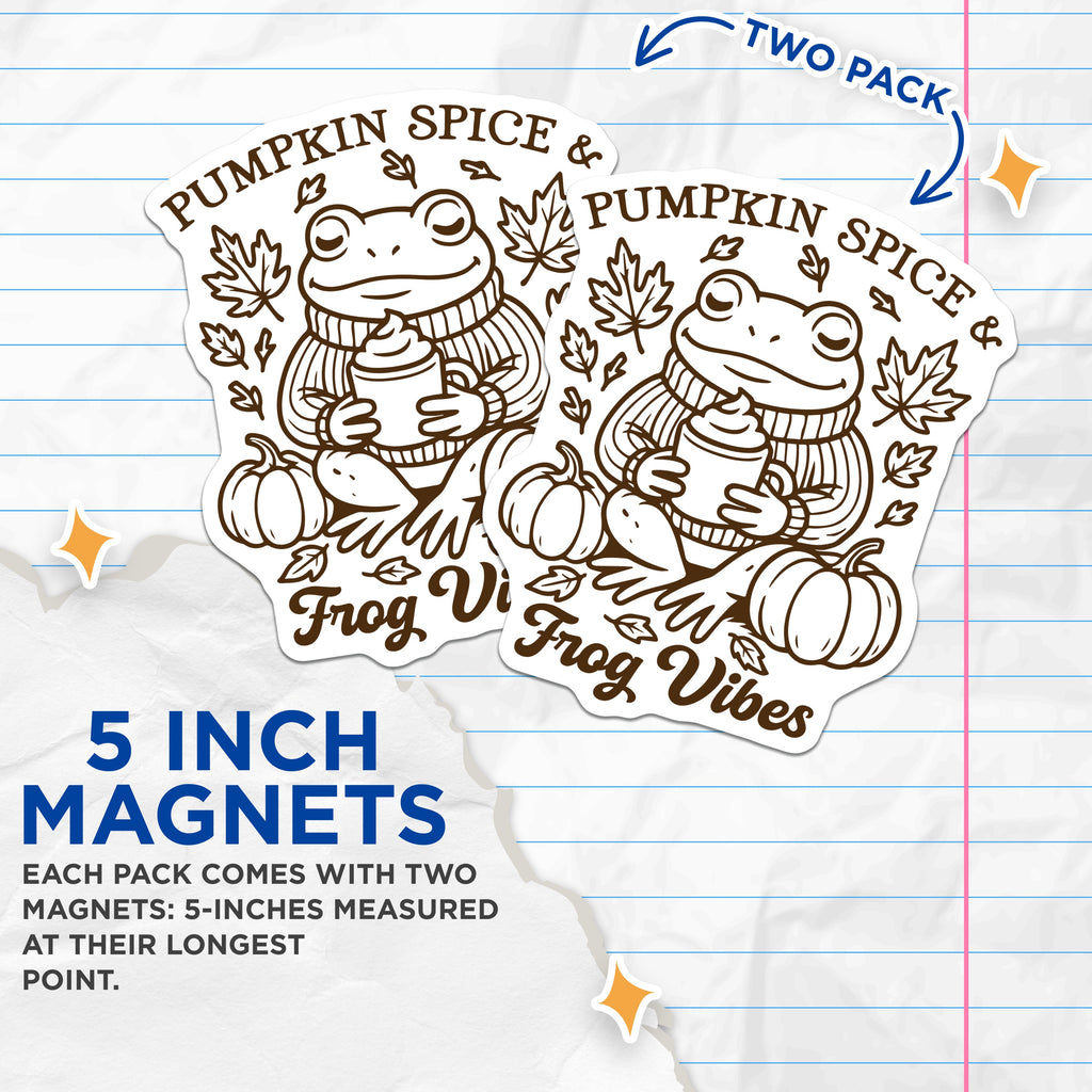 (2 Pack) Pumpkin Spice Frog Magnets - Autumn Fall Decor - Cozy Kitchen Vibes - Seasonal Refrigerator Accessory - 5 Inches On Longest Side - Thick Durable Magnet - Made in USA - MAG39477