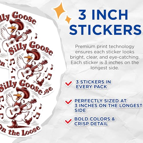 (3 Pack) Silly Goose Decals - Guitar Playing Goose Sticker - Country Music Decals - 3 Inches On Longest Side - Easy Peel & Apply - Made in USA - 3MCS4629