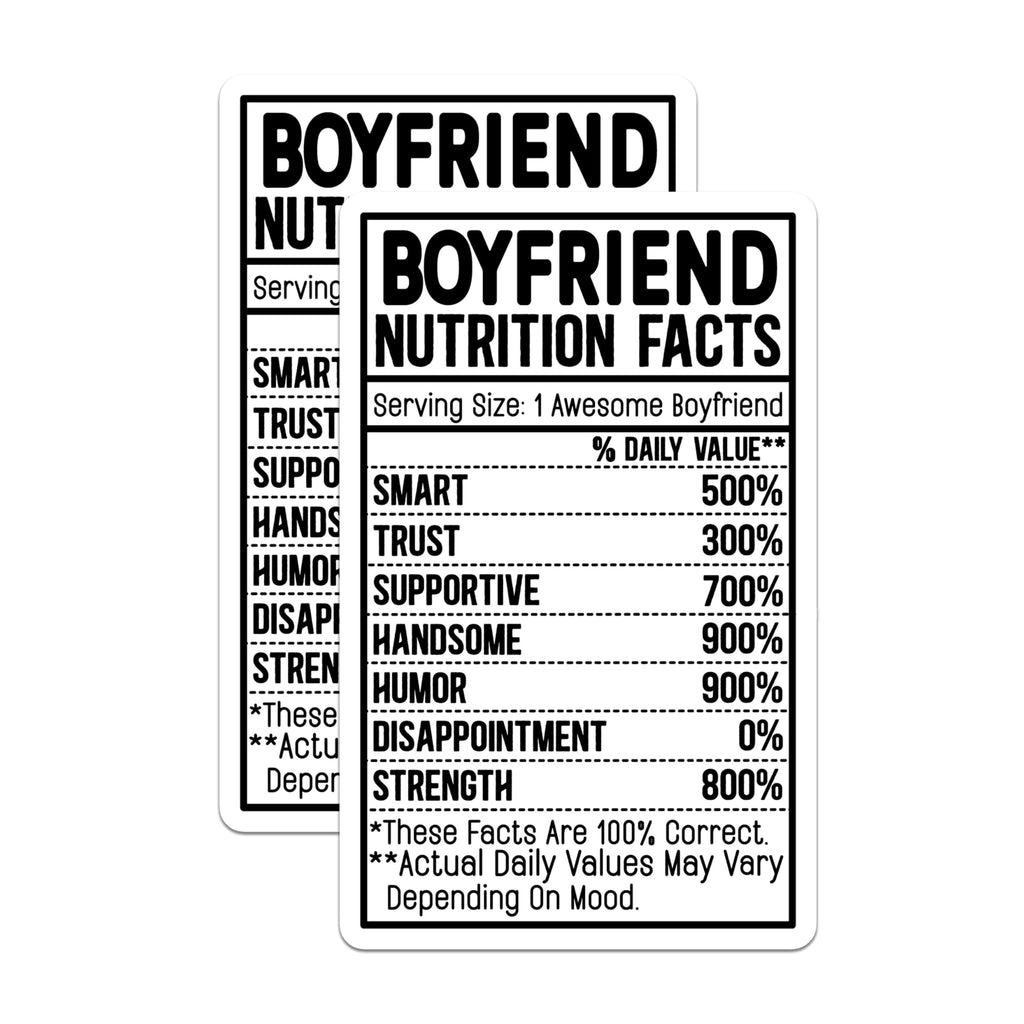 (2 Pack) Boyfriend Nutrition Facts Stickers - Funny Boyfriend Decal - Boyfriend Humor Stickers for Laptops - 5" On Longest Side - Sticks to Smooth Flat Surfaces - Made in USA - BMCS3950
