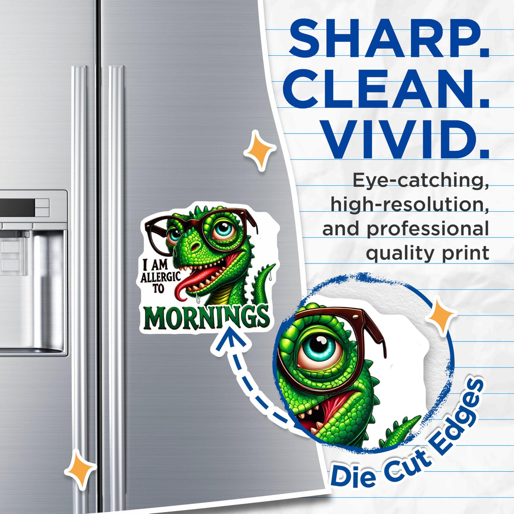 (2 Pack) Funny Dinosaur Magnets - Allergic to Mornings - Novelty Fridge Decorations - 5" On Longest Side - Premium Magnet - for Cars, Refrigerators, Toolboxes, Lockers - Made in USA - MAG15224