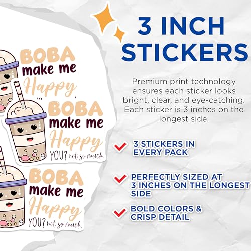 (3 Pack) Boba Tea Decals - Kawaii Drink - Laptop Stickers - 3 Inches On Longest Side - Easy Peel & Apply - Made in USA - 3MCS6515