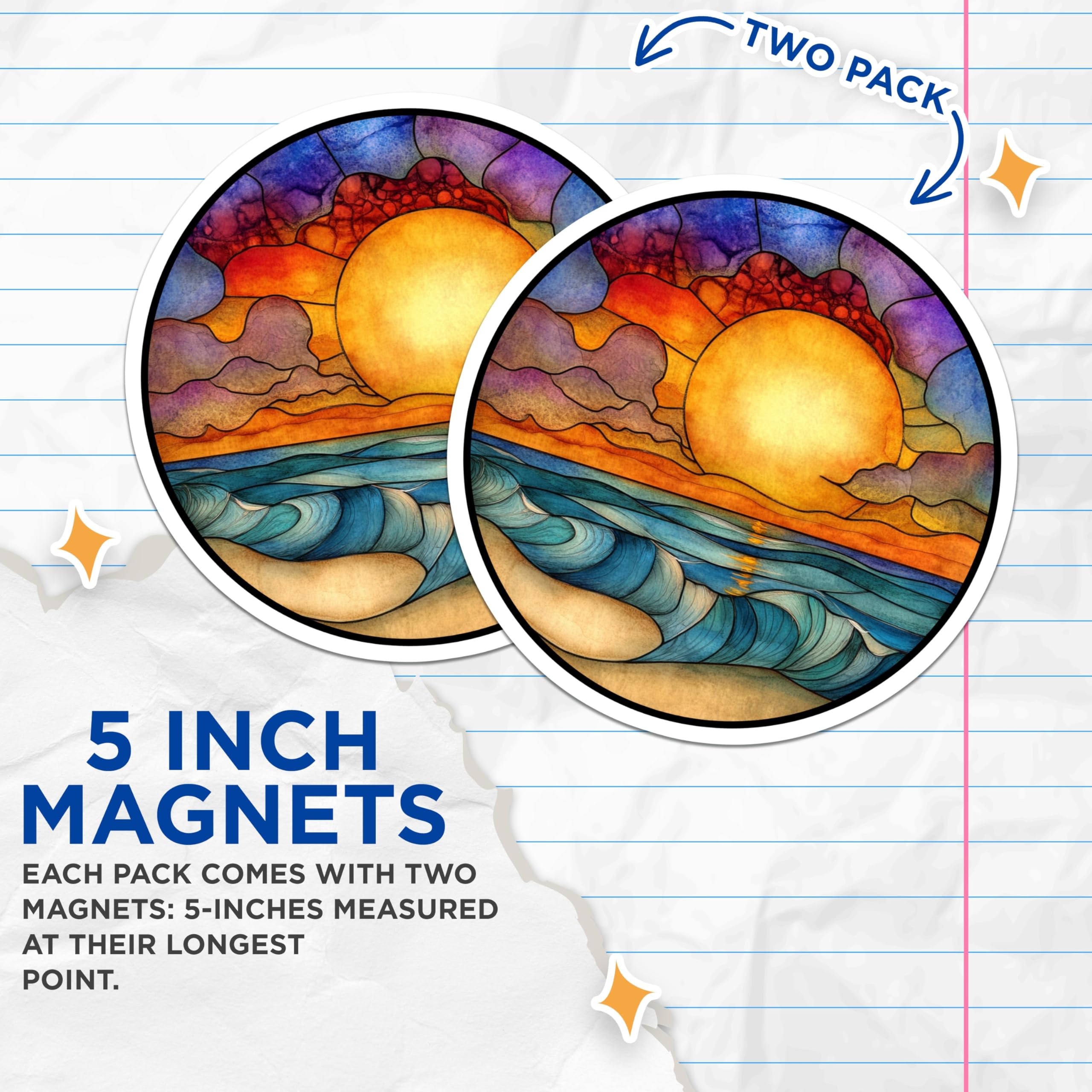 (2 Pack) Stained Glass Ocean Magnets - Sunrise Seascape Design - Vibrant Coastal Art Boho Fridge Accessories - 5 Inches On Longest Side - Thick Durable Magnet - Made in USA - MAG28950