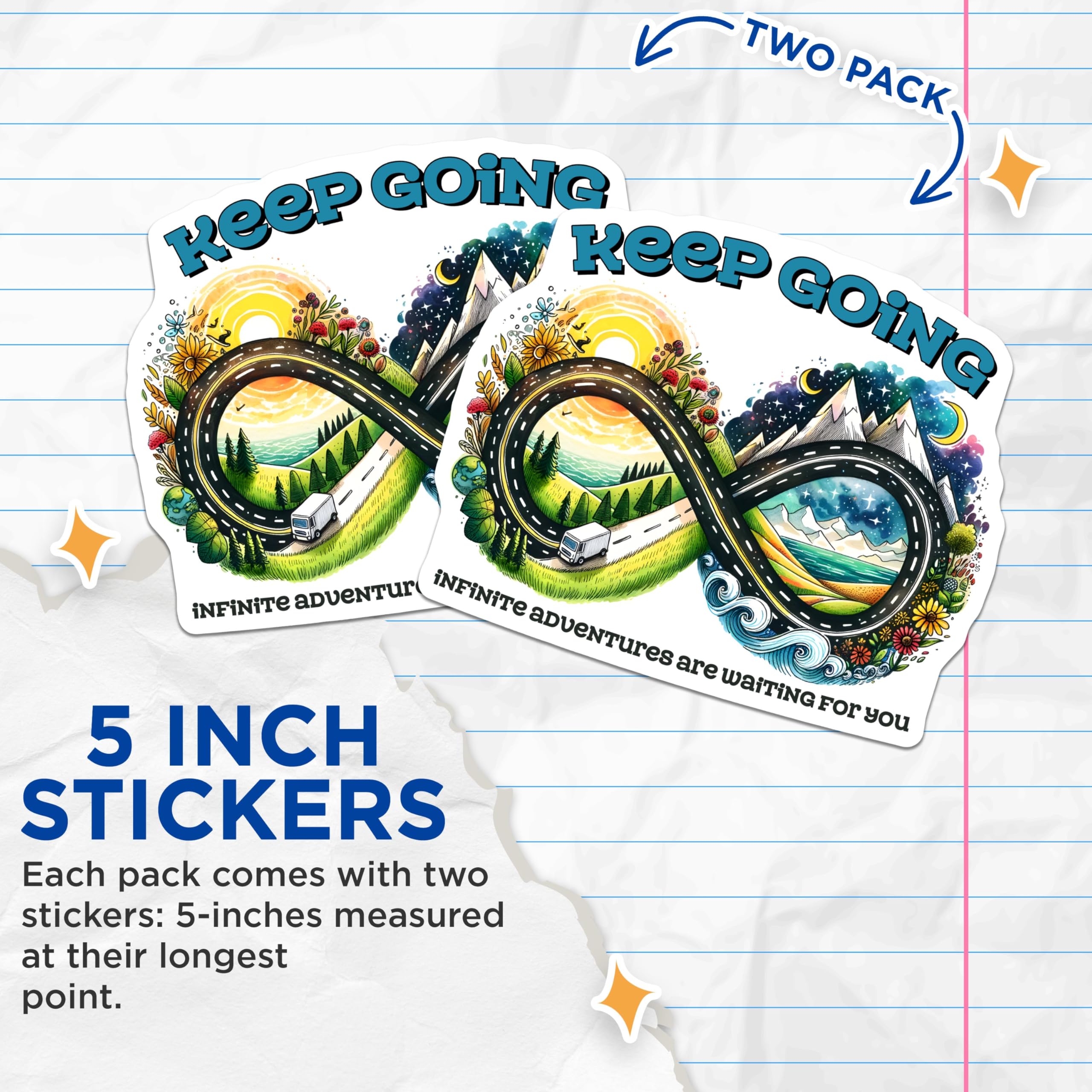 (2 Pack) Keep Going Stickers - Infinite Adventures Stickers - Inspirational Travel Stickers - 5" On Longest Side - Sticks to Any Smooth Flat Surface - Made in USA - BMCS3262