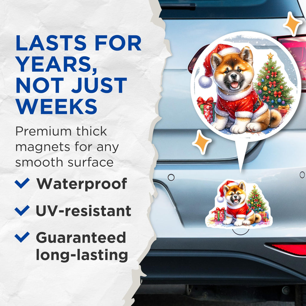 (2 Pack) Christmas Akita Puppy Magnets - Festive Santa Dog Holiday Decor - Cute Xmas Pet Refrigerator Magnets for Home - 5 Inches On Longest Side - Thick Durable Magnet - Made in USA - MAG24008