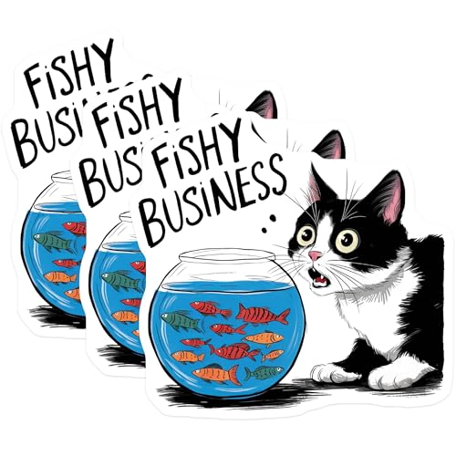 (3 Pack) Fishy Business Decals - Cat and Fishbowl - Funny Laptop Decal - 3 Inches On Longest Side - Easy Peel & Apply - Made in USA - 3MCS7533